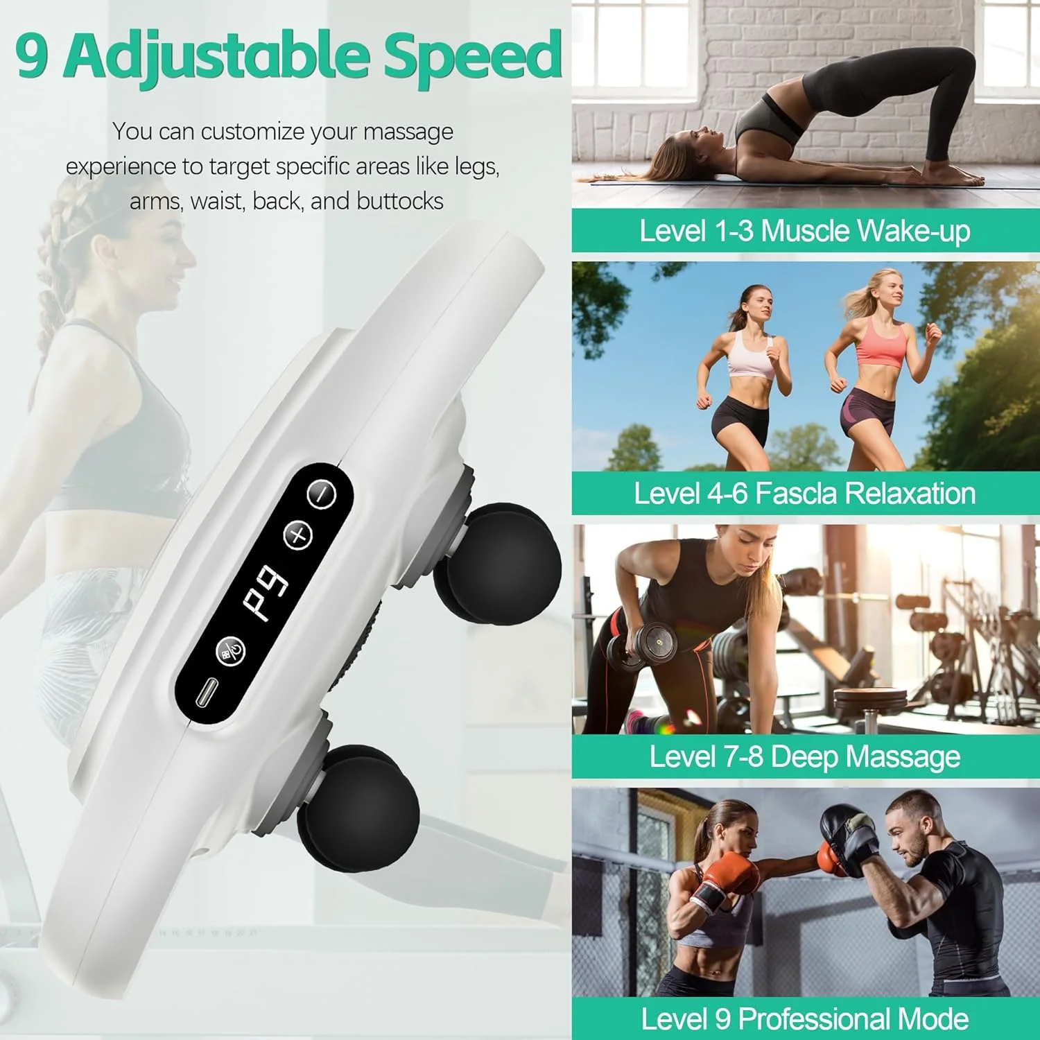 ماساژور تفنگی با 6 سری، 9 حالت و شدت قابل تنظیم - ماساژور دستی برقی برای ماساژ عضلات کمر، گردن، پاها و کل بدن - قابل شارژ و قابل حمل، سفید