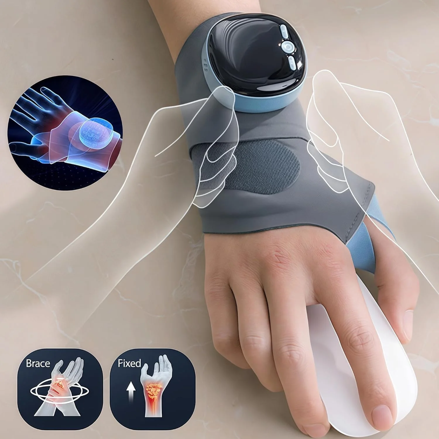 ماساژور برقی دست با گرما و درمان EMS - دستگاه بی سیم تسکین درد مچ دست، پشتیبانی مچ دست 3 در 1 قابل تنظیم برای تونل کارپال، تاندونیت و آرتروز، استفاده جهانی چپ/راست