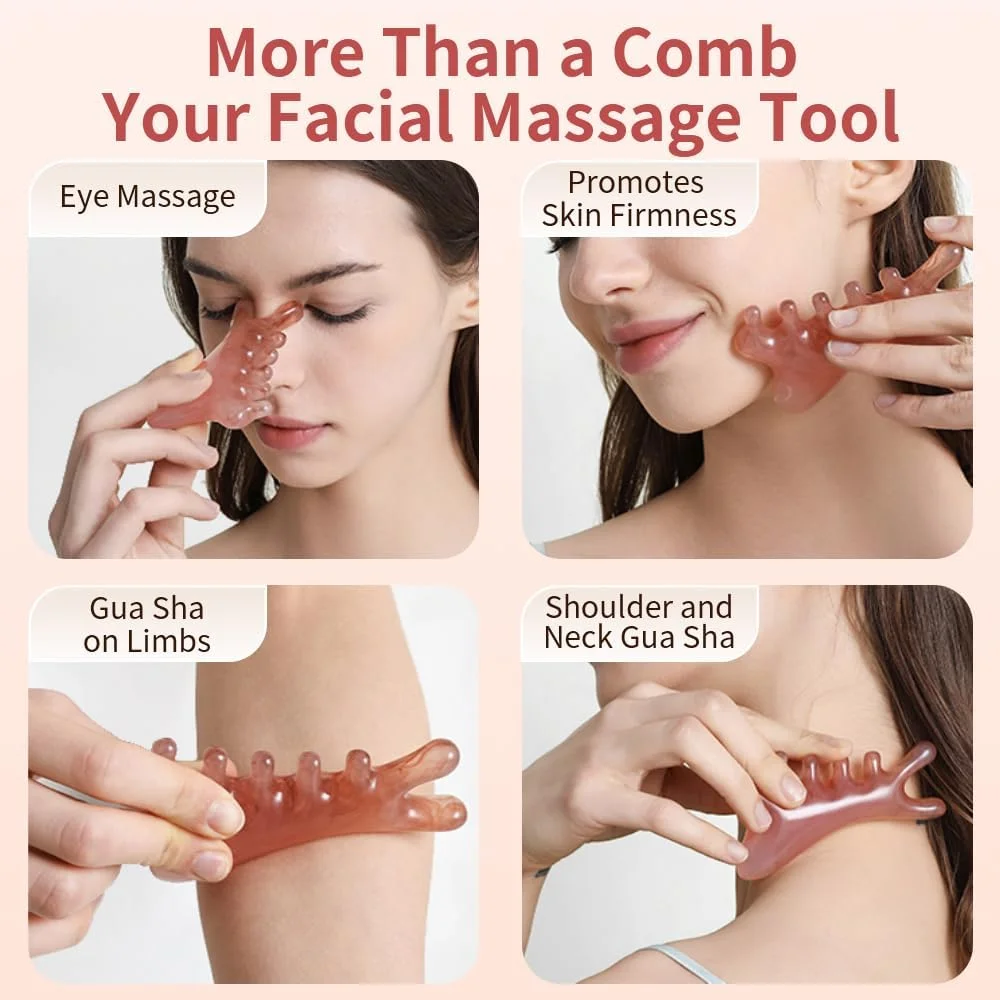 شانه ماساژ صورتی گوا شا، ابزار ماساژ صورت، شانه ماساژ سر، ابزار ماساژ گردن، بدن، صورت و چشم برای تسکین تنش بدن و بهبود گردش لنفاوی، هدیه برای زنان و مردان