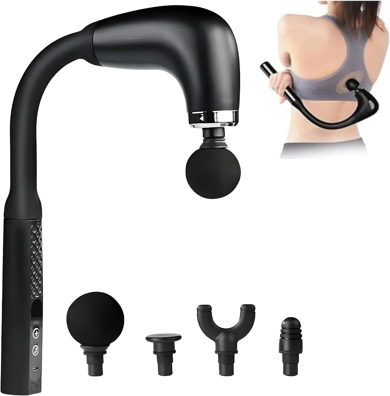 ماساژور تفنگی U شکل با دسته افزایش طول، ماساژور ضربه ای بافت عمیق با 4 سر قابل تعویض، 9 سطح سرعت قابل تنظیم و نمایشگر LED، تسکین و بازیابی عضلات