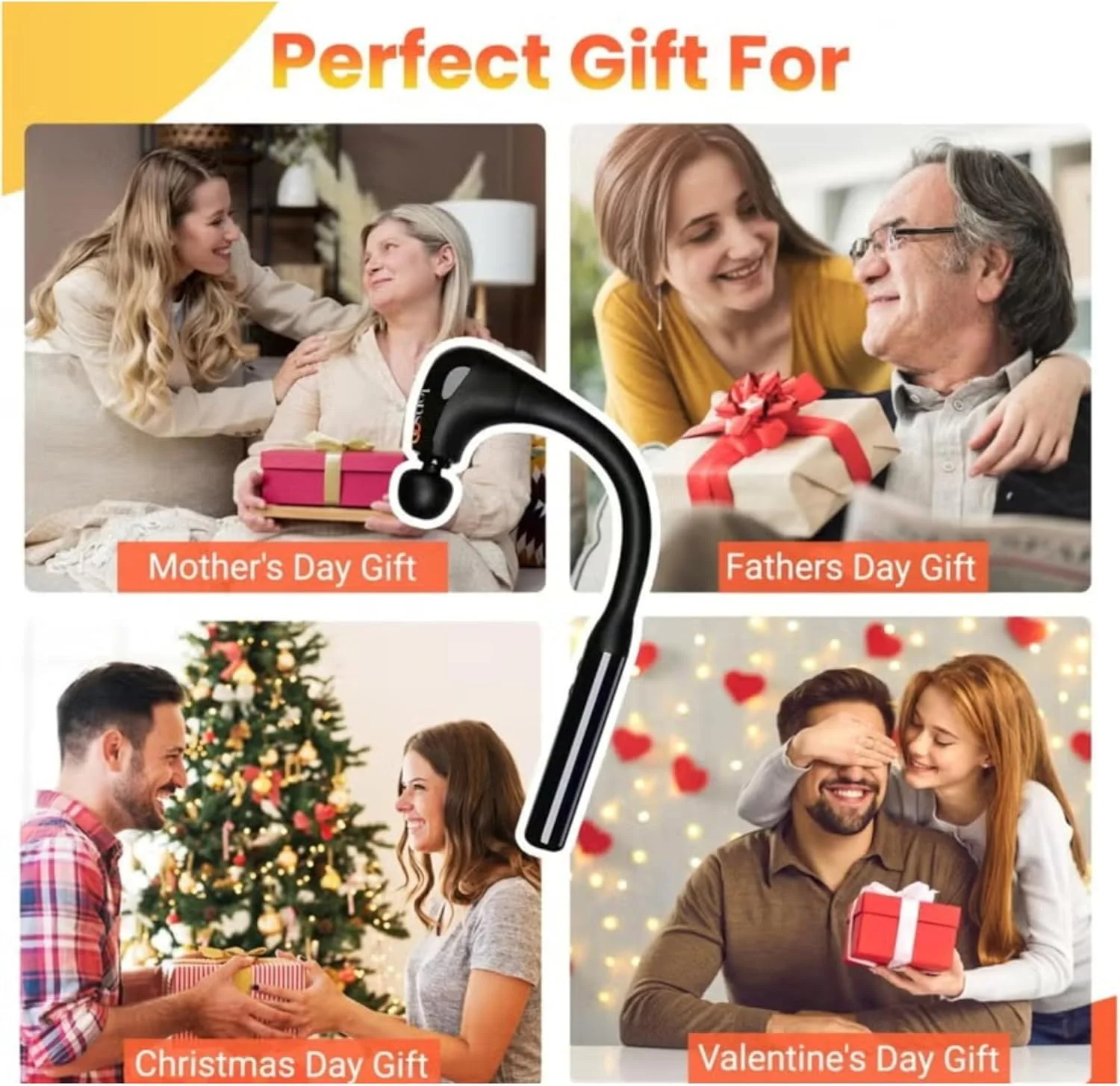 ماساژور تفنگی U شکل با دسته افزایش طول، ماساژور ضربه ای بافت عمیق با 4 سر قابل تعویض، 9 سطح سرعت قابل تنظیم و نمایشگر LED، تسکین و بازیابی عضلات