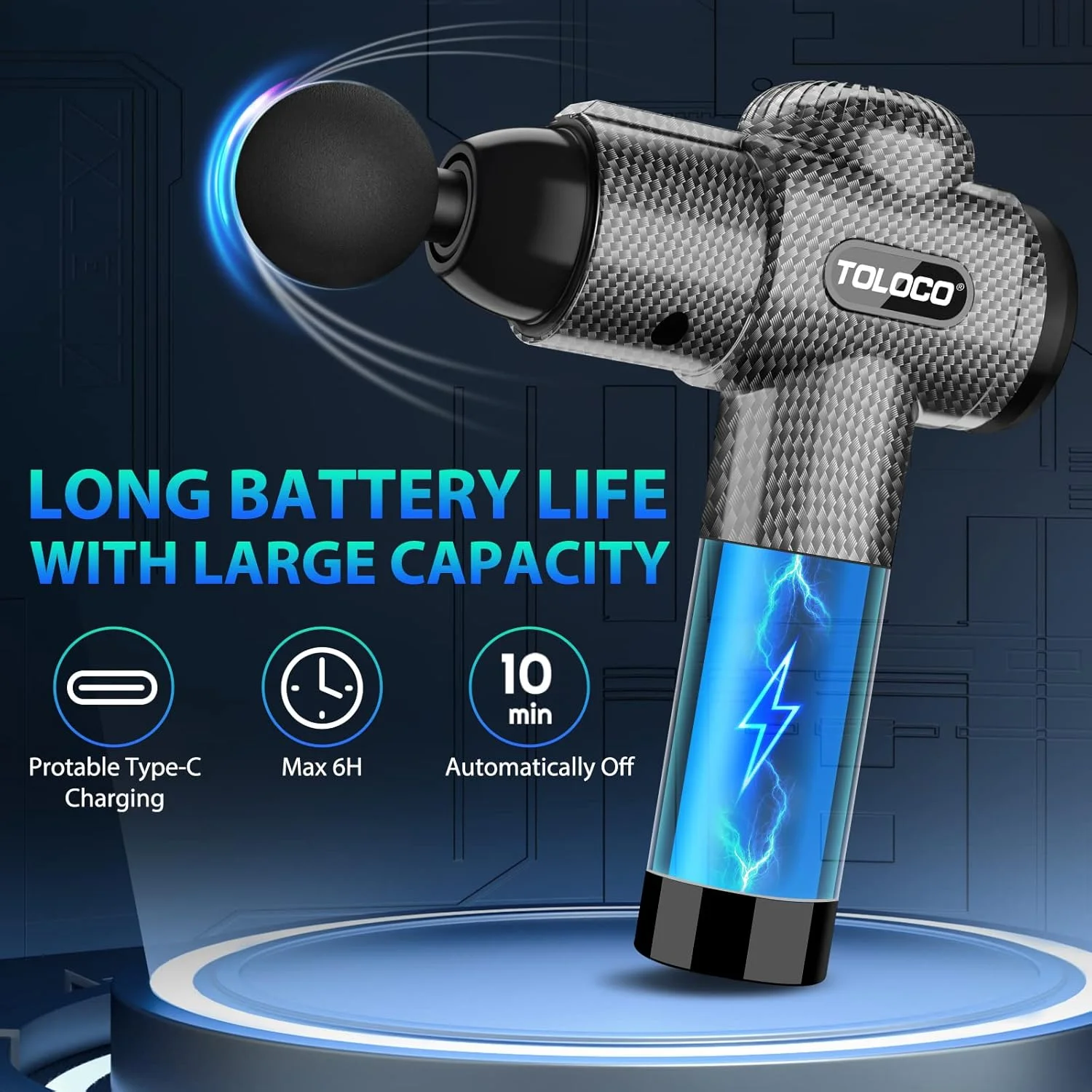 ماساژور تفنگی TOLOCO، ماساژ عمقی بافت برای ورزشکاران جهت تسکین درد، ماساژور ضربه ای با 10 سر ماساژ و موتور براشلس بی صدا، کربنی
