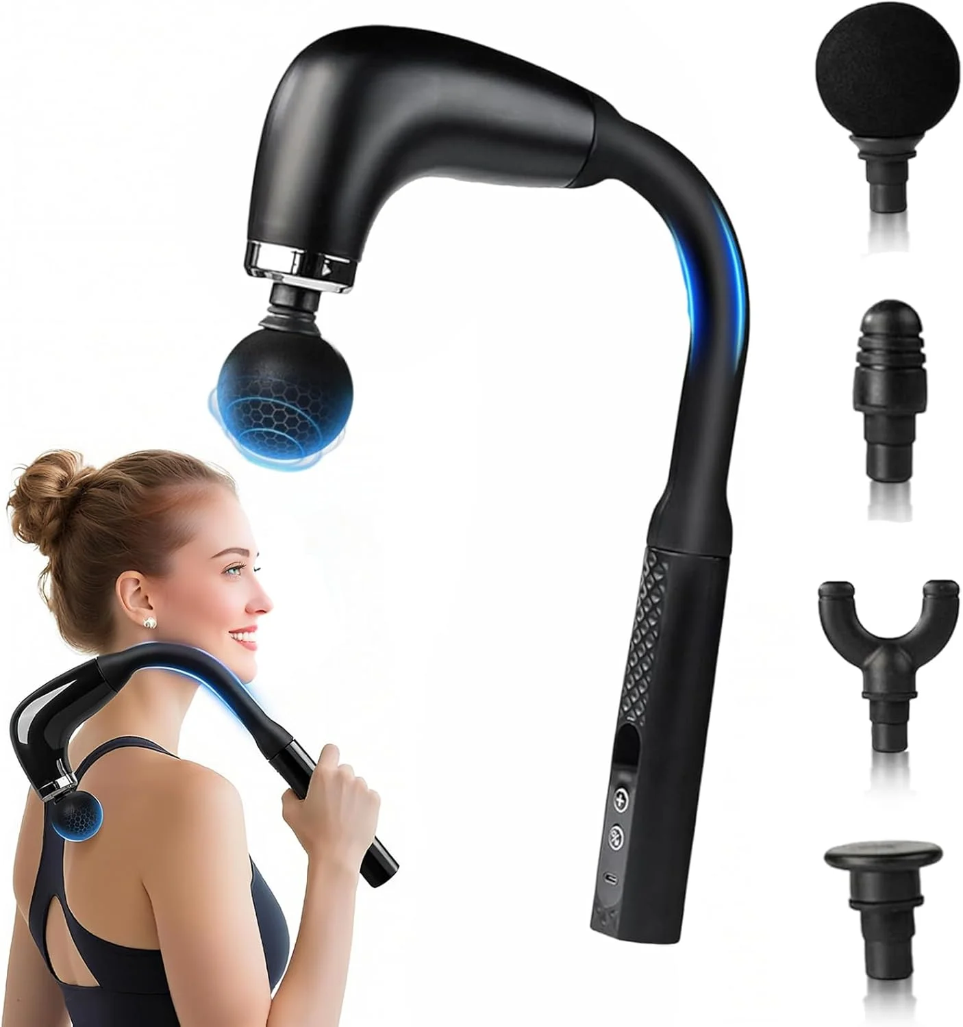 ماساژور تفنگی با دسته کمکی، ماساژور کمر برای تسکین درد بافت عمیق، مجهز به 4 سری ماساژ و 9 سطح سرعت، چکش ماساژ برای کمر/گردن/شانه ها/کمر/پاها (مشکی)