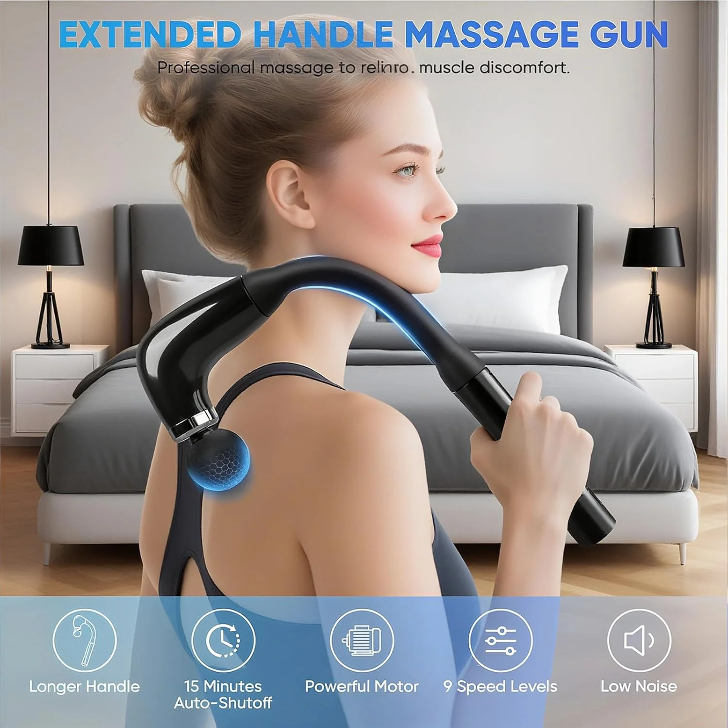 ماساژور تفنگی با دسته کمکی، ماساژور کمر برای تسکین درد بافت عمیق، مجهز به 4 سری ماساژ و 9 سطح سرعت، چکش ماساژ برای کمر/گردن/شانه ها/کمر/پاها (مشکی)