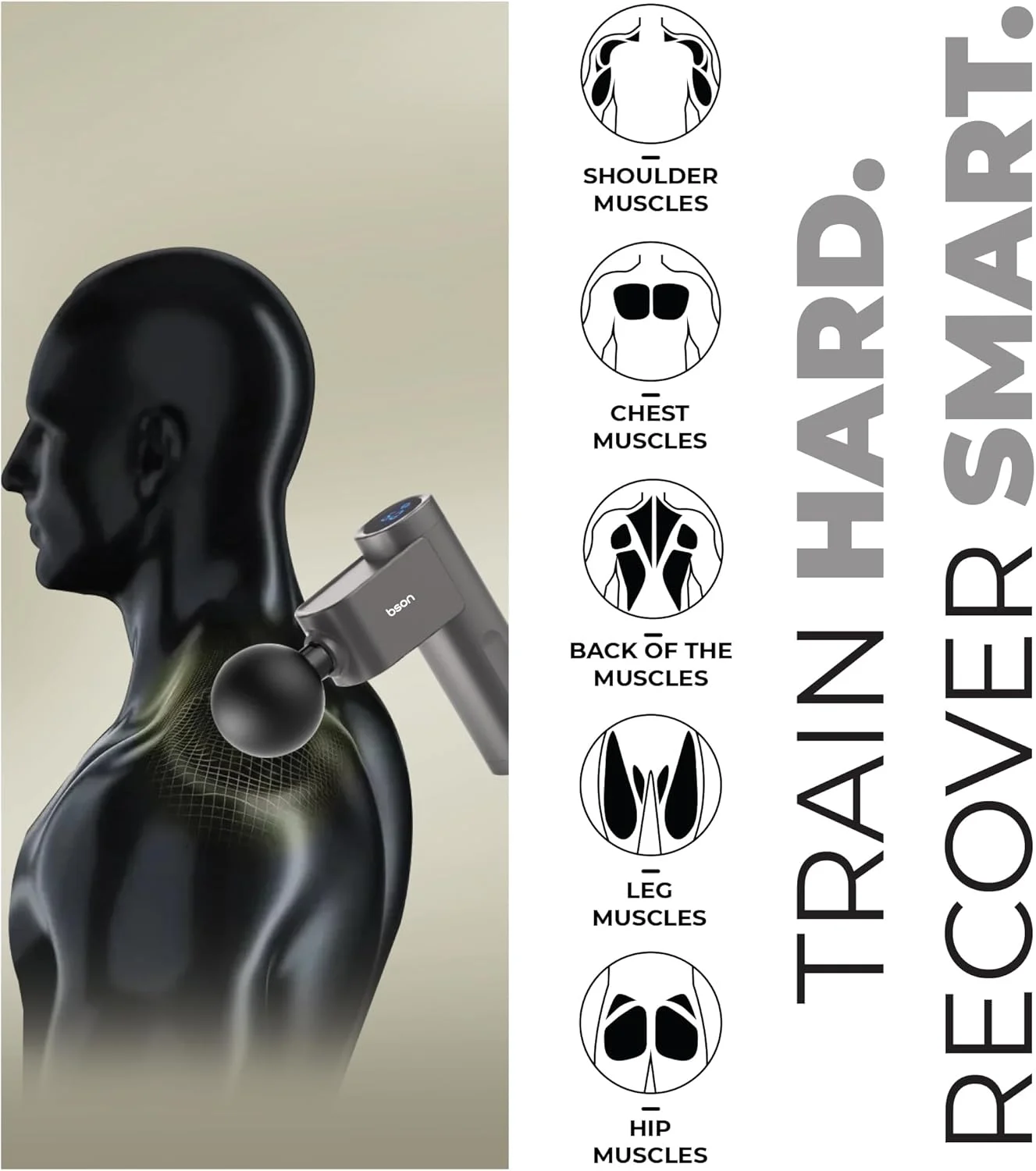 تفنگ ماساژور هوشمند فشاری Bson با ۹ حالت قدرت، ۴ سری، کنترل لمسی - پاسخگویی هوشمند به فشار، ضربه ۱۲ میلی‌متری بافت عمیق، شارژ سریع Type-C، بافت سازگار با پوست برای تسکین عضلات