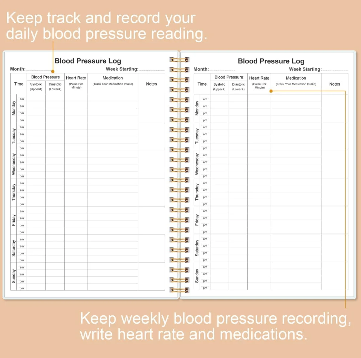 دفتر ثبت فشار خون Heveboik - ثبت و نظارت بر فشار خون روزانه و ضربان قلب در منزل، 14.7 * 21.6 سانتی متر، برگ گل رز