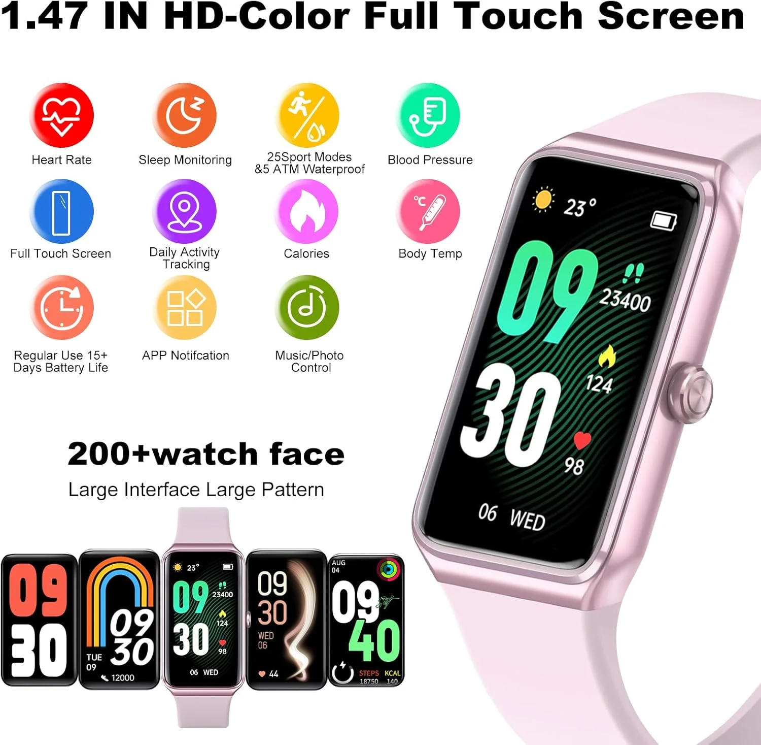 ردیاب تناسب اندام با ضربان قلب 24/7، 104 حالت ورزشی، مانیتور اکسیژن خون و فشار خون و خواب، ضد آب IP68، گام شمار کالری شمار ردیاب فعالیت برای اندروید و آیفون زنانه مردانه (صورتی)