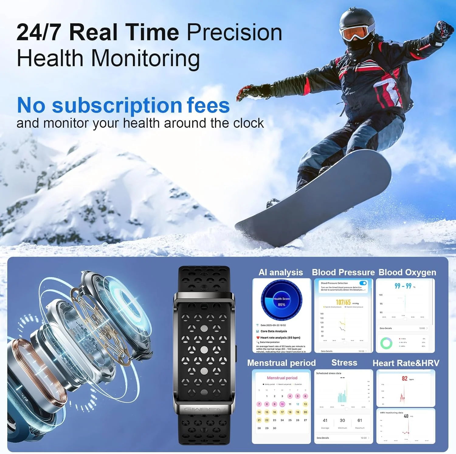 دستبند هوشمند برای آقایان و بانوان، ردیاب فعالیت و تناسب اندام 24/7، پایش خواب/ضربان قلب/فشار خون/SpO2/گام شمار، بیش از 170 حالت ورزشی دستبند هوشمند با برنامه رایگان 2 بند - مشکی