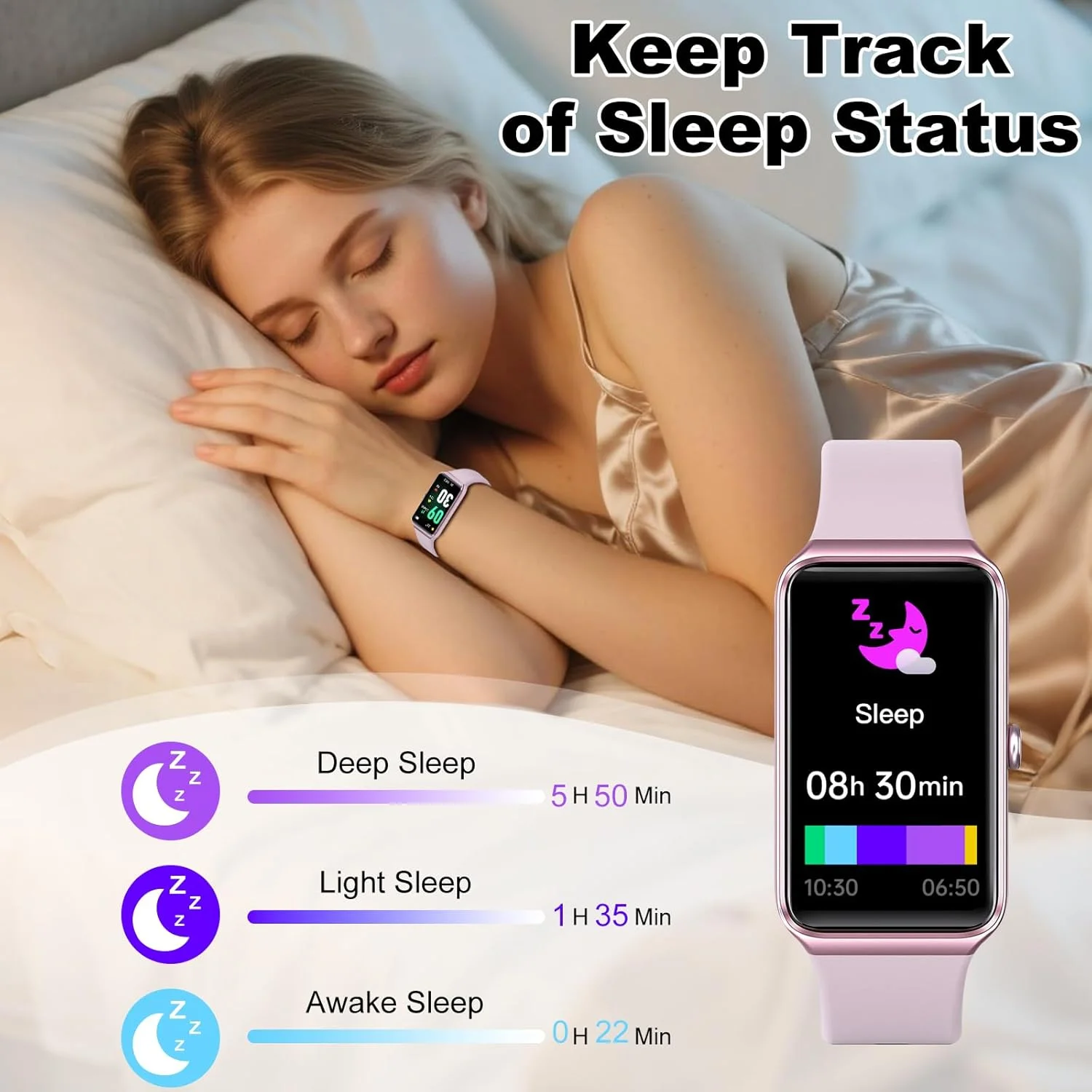 ردیاب تناسب اندام با ضربان قلب 24/7، 104 حالت ورزشی، مانیتور اکسیژن خون و فشار خون و خواب، ضد آب IP68، گام شمار کالری شمار ردیاب فعالیت برای اندروید و آیفون زنانه مردانه (صورتی)