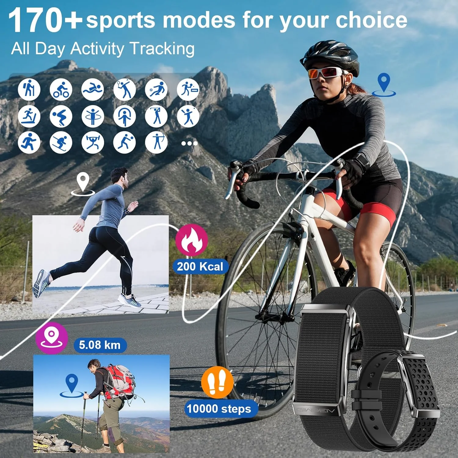 دستبند هوشمند برای آقایان و بانوان، ردیاب فعالیت و تناسب اندام 24/7، پایش خواب/ضربان قلب/فشار خون/SpO2/گام شمار، بیش از 170 حالت ورزشی دستبند هوشمند با برنامه رایگان 2 بند - مشکی