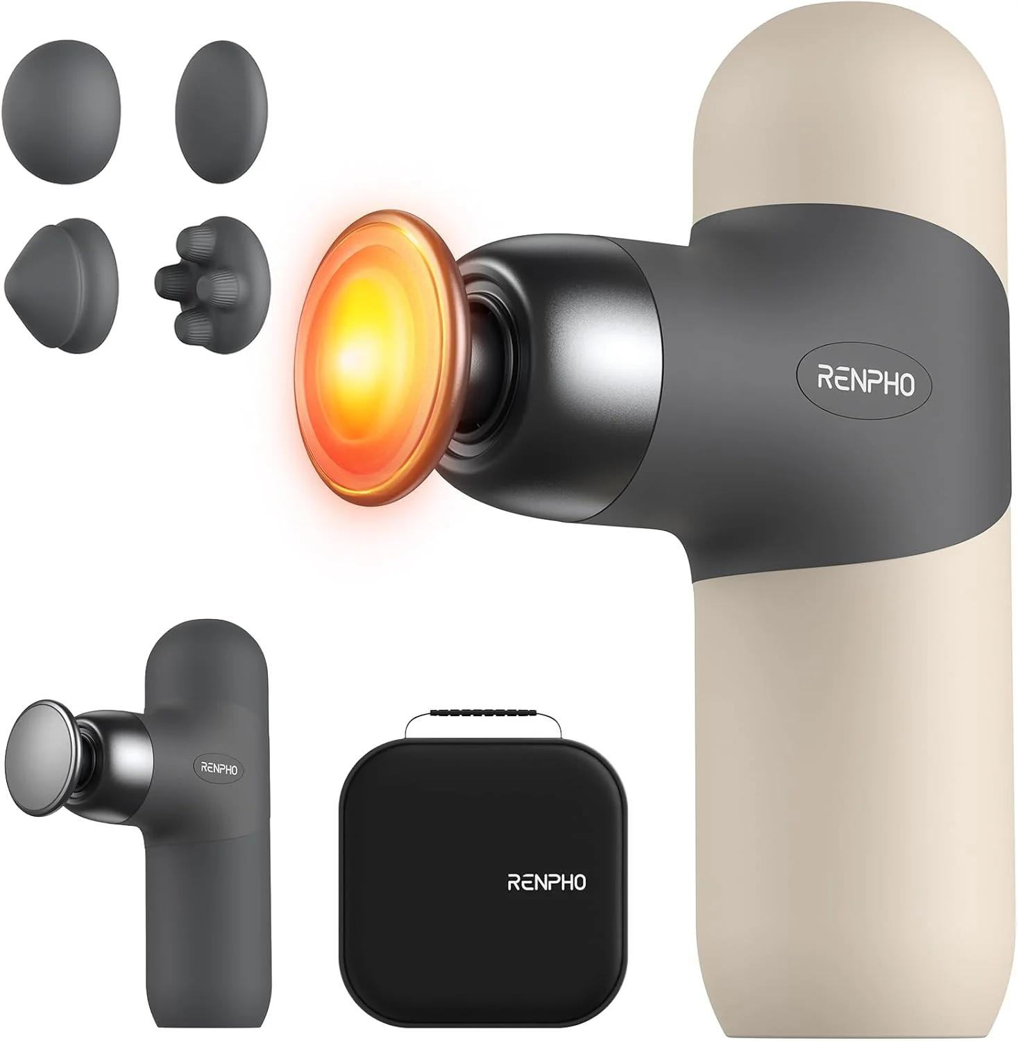 ماساژور حرارتی کوچک RENPHO با عملکرد گرما، ماساژور کوچک، ماساژور ضربه ای قابل حمل و شیک، با روکش های سیلیکونی رنگی، اندازه مناسب سفر با کیف حمل، برای ماساژ عضلات، بژ