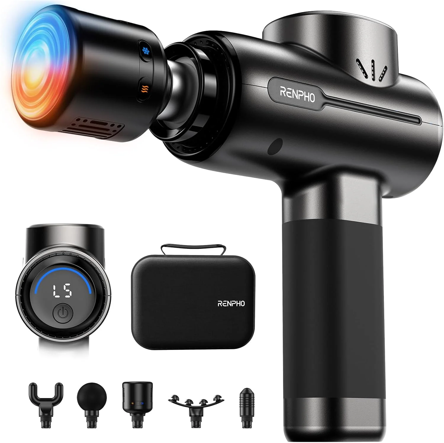 ماساژور تفنگی گرمایشی و سرمایشی رنفرو، ماساژور عضلانی اکتیو رنفرو با بلوتوث، ماساژور عضلانی با کیف قابل حمل، ماساژ کامل عضلات بدن برای ریلکسیشن