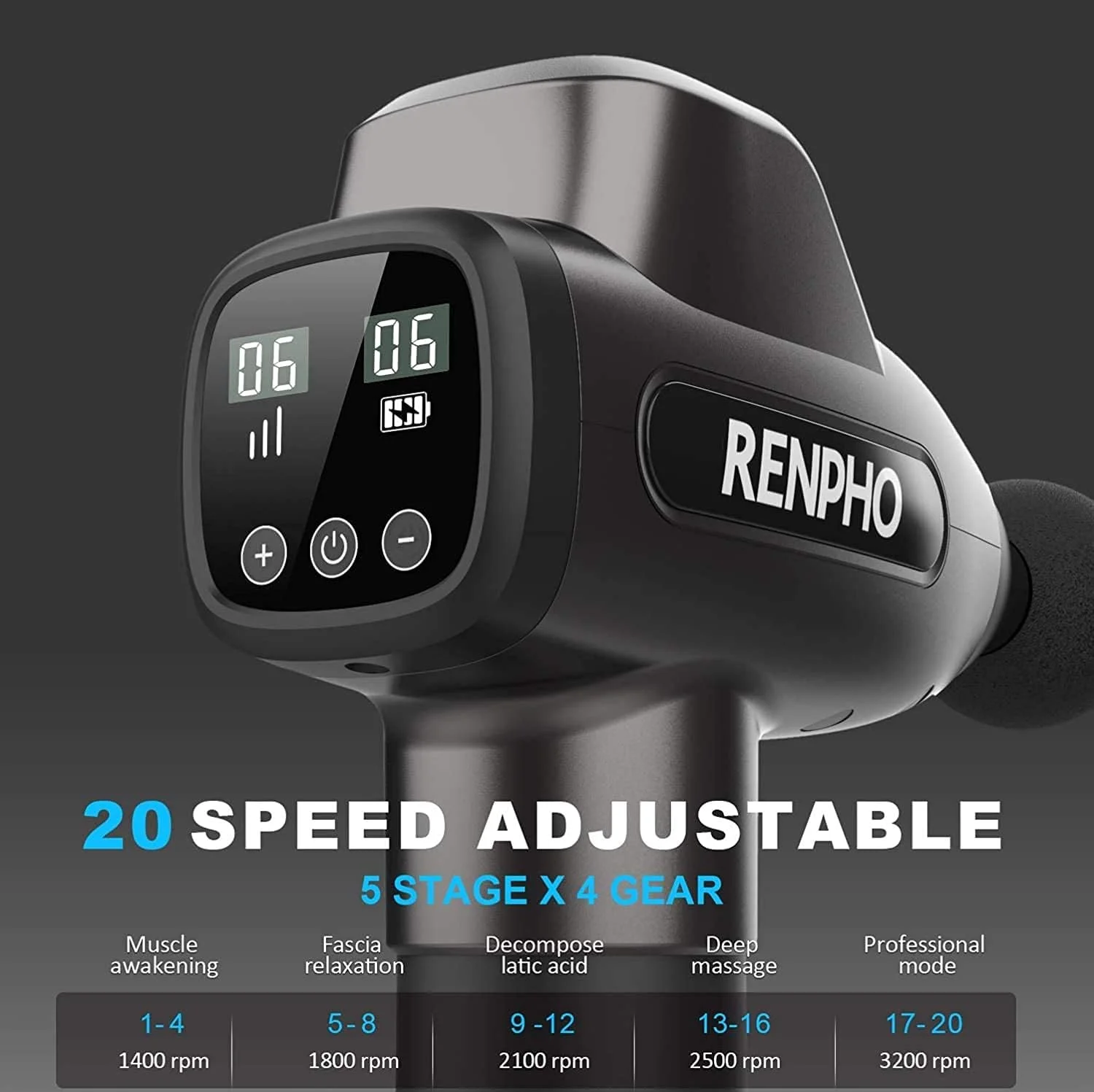 ماساژور عضلانی بافت عمیق رنفرو، ماساژور ضربه ای قدرتمند دستی با کیف قابل حمل برای تجهیزات تمرینات خانگی، گرفتگی، سفتی، گره و تنش گردن و شانه