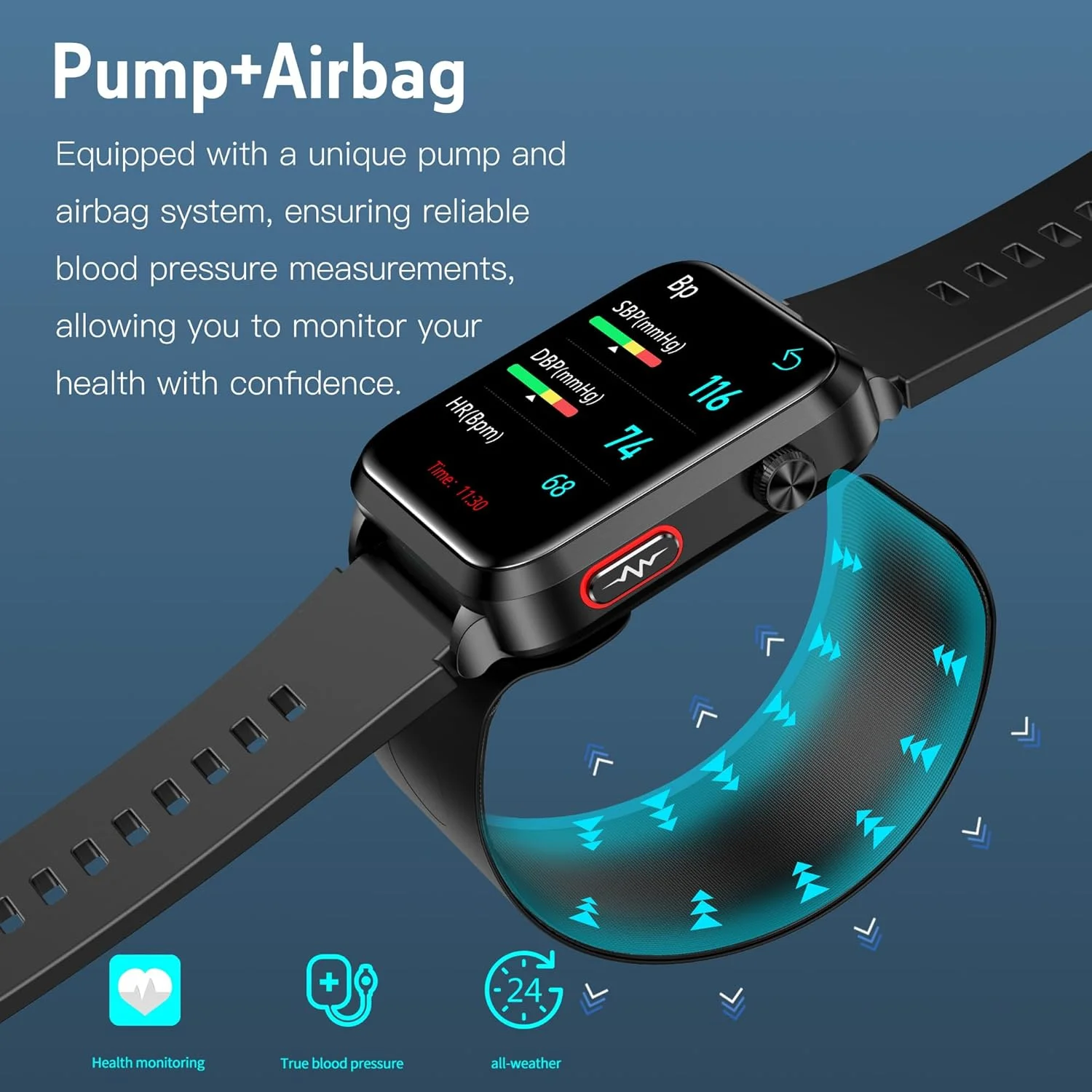 ساعت هوشمند پایش فشار خون با کاف کیسه هوا، صفحه نمایش رنگی 1.92 اینچی IPS، پایش 24 ساعته ضربان قلب، اکسیژن خون، خواب و میزان تنفس