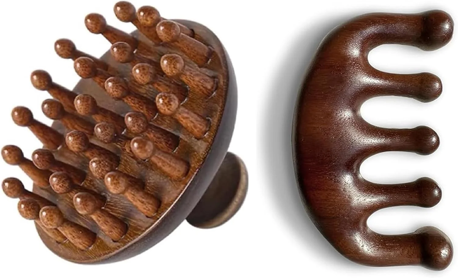 ست ماساژور پوست سر چوب صندل، ماساژور سر 28 پین و شانه مریدین 5 دندانه، ابزارهای تندرستی سنتی چوبی مو و بدن، 2 تکه