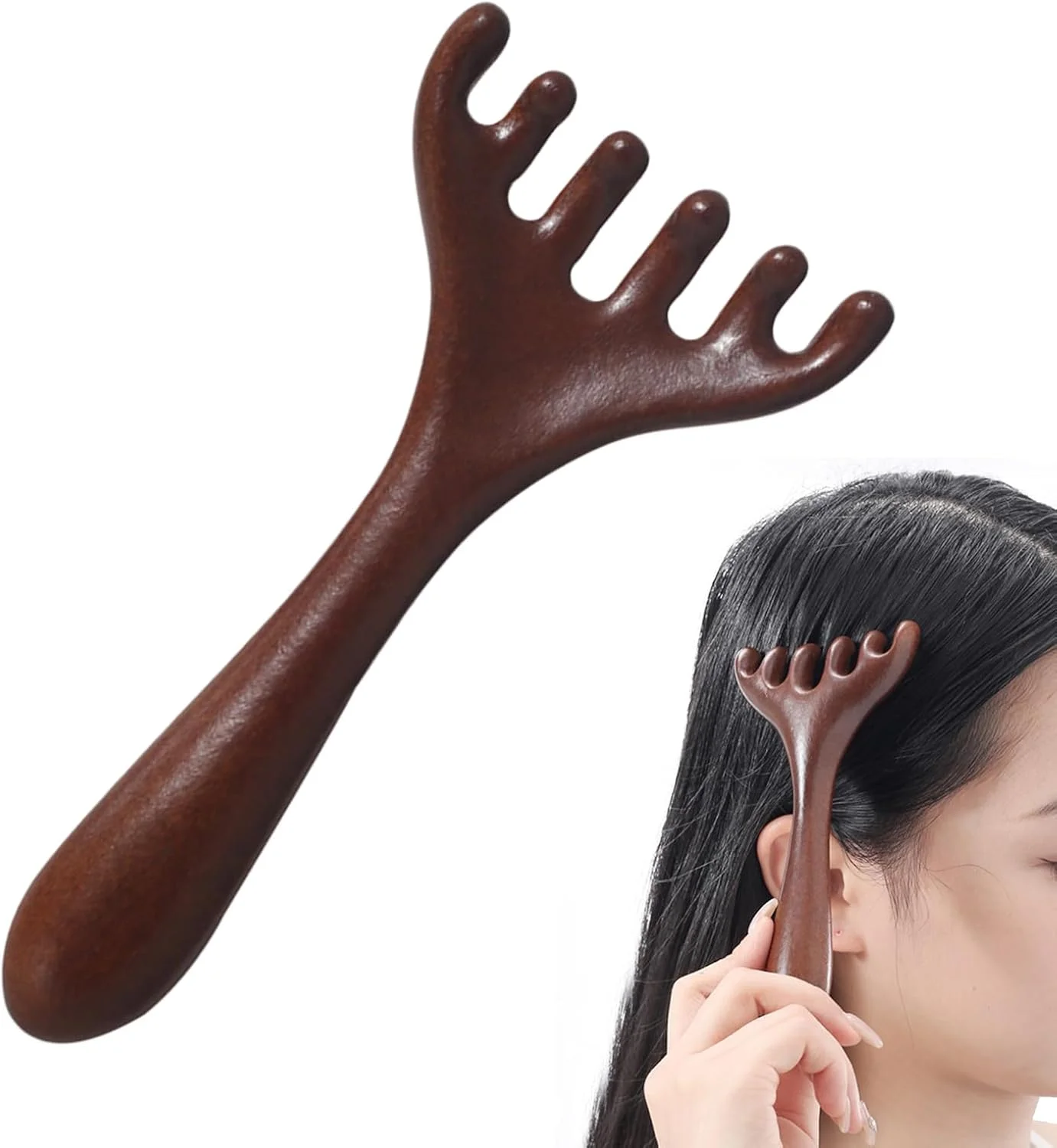 شانه چوب صندل با طرح شاخ گوزن، 1 عدد شانه ماساژ دندانه پهن شاخ گوزن، شانه ماساژ قابل حمل شش چنگکی، ماساژور چوبی سر برای رفع استرس، ماساژور پا، ابزار خراش دهنده و لایروبی مریدین