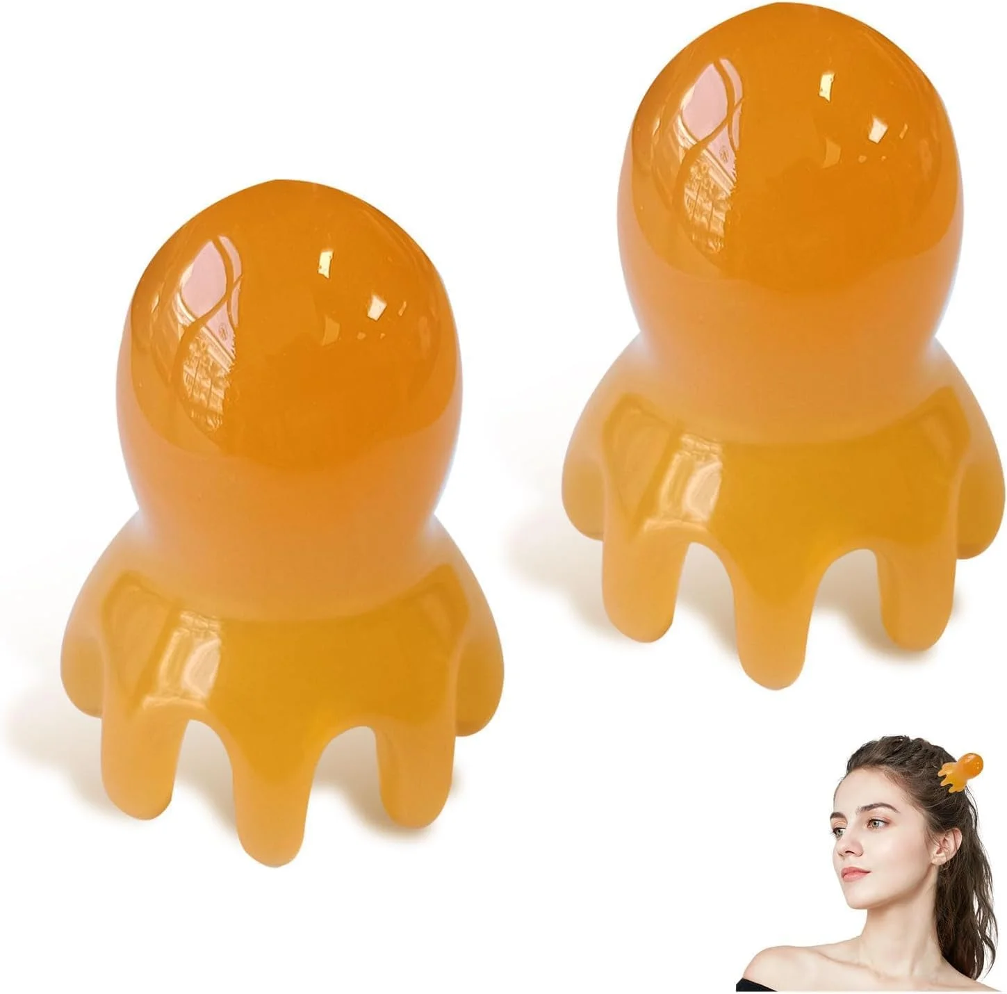 ماساژور سر اختاپوسی و ابزار گوا شا، ماساژور سر 8 شاخه‌ای برای آرامش عمیق، رشد مو و تسکین گره‌های عضلانی - زرد 7.5 * 5.5 سانتی‌متر