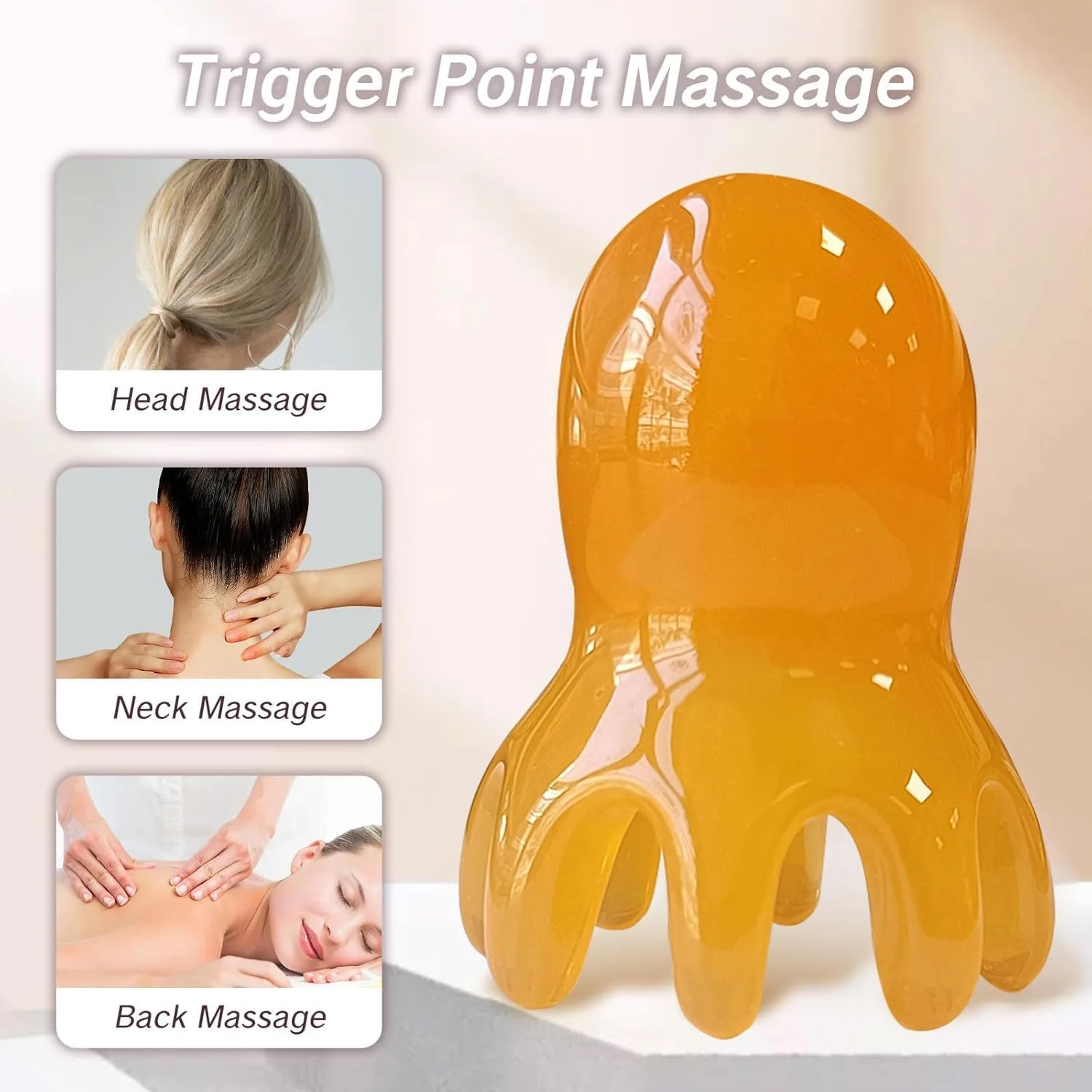 ماساژور سر اختاپوسی و ابزار گوا شا، ماساژور سر 8 شاخه‌ای برای آرامش عمیق، رشد مو و تسکین گره‌های عضلانی - زرد 7.5 * 5.5 سانتی‌متر