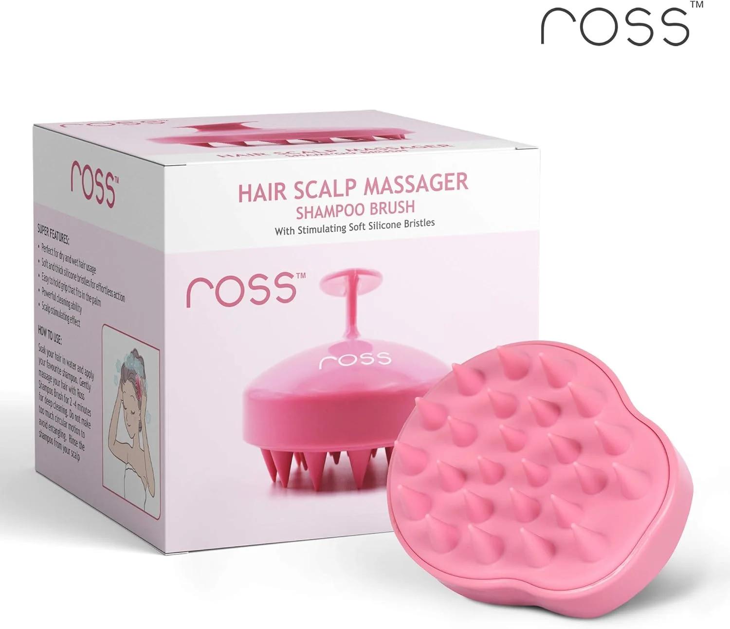 برس ماساژور پوست سر مو Ross با موهای نرم سیلیکونی، صورتی