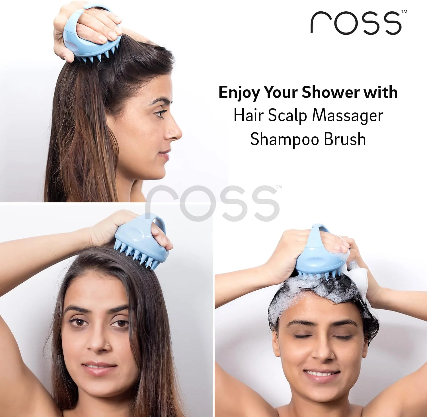 برس شامپو ماساژور پوست سر Ross با موهای نرم سیلیکونی (آبی)