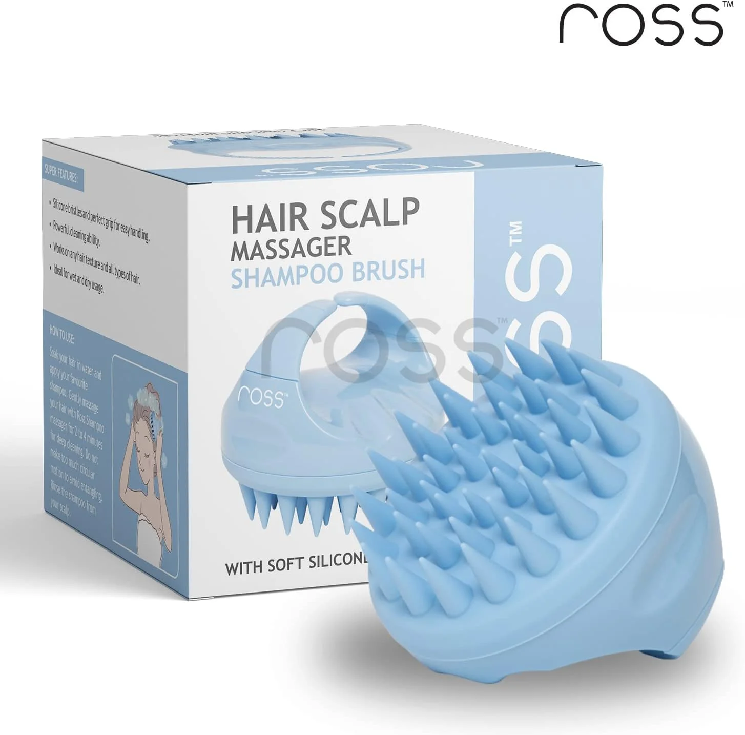 برس شامپو ماساژور پوست سر Ross با موهای نرم سیلیکونی (آبی)