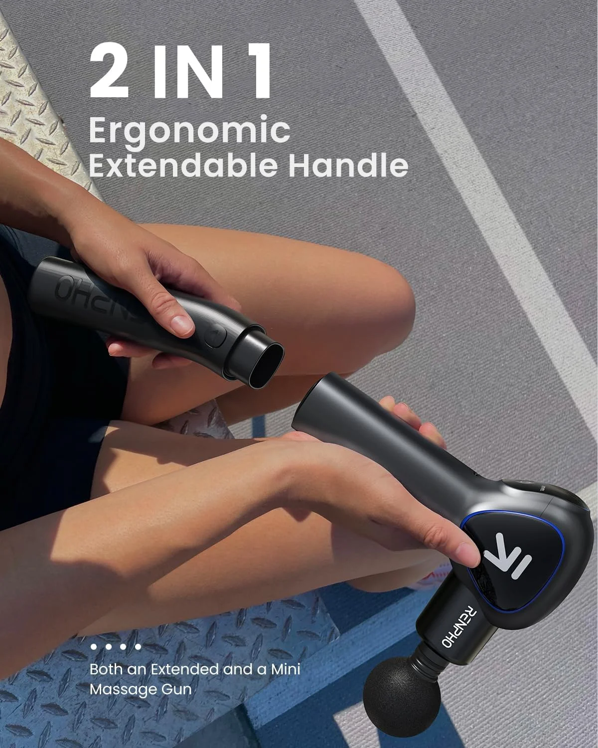 ماساژور تفنگی رنفو با دسته افزایش طول، ماساژور تفنگی با صفحه لمسی LED برای تمرینات خانگی، ماساژ و ریلکسیشن کل بدن، مشکی