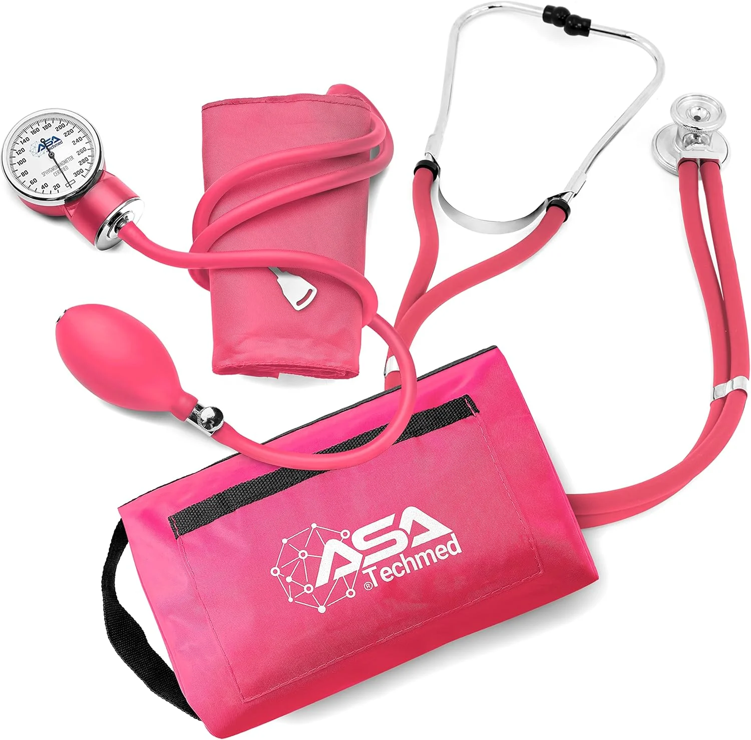 مجموعه گوشی پزشکی دو سر و فشارسنج عقربه ای ASA TECHMED با کیف، هدیه ای برای دانشجویان پزشکی، پزشکان، پرستاران، تکنسین های اورژانس و پیراپزشکان، صورتی