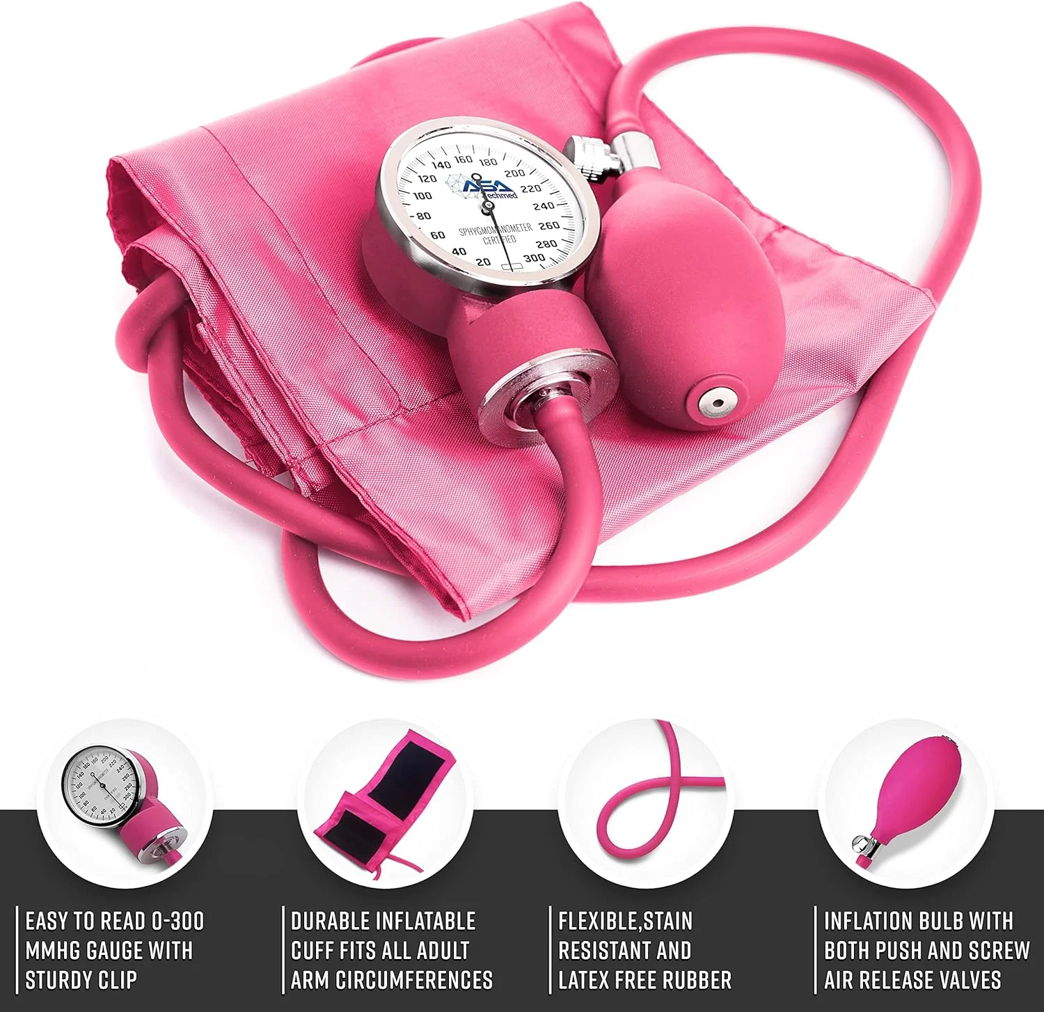 مجموعه گوشی پزشکی دو سر و فشارسنج عقربه ای ASA TECHMED با کیف، هدیه ای برای دانشجویان پزشکی، پزشکان، پرستاران، تکنسین های اورژانس و پیراپزشکان، صورتی