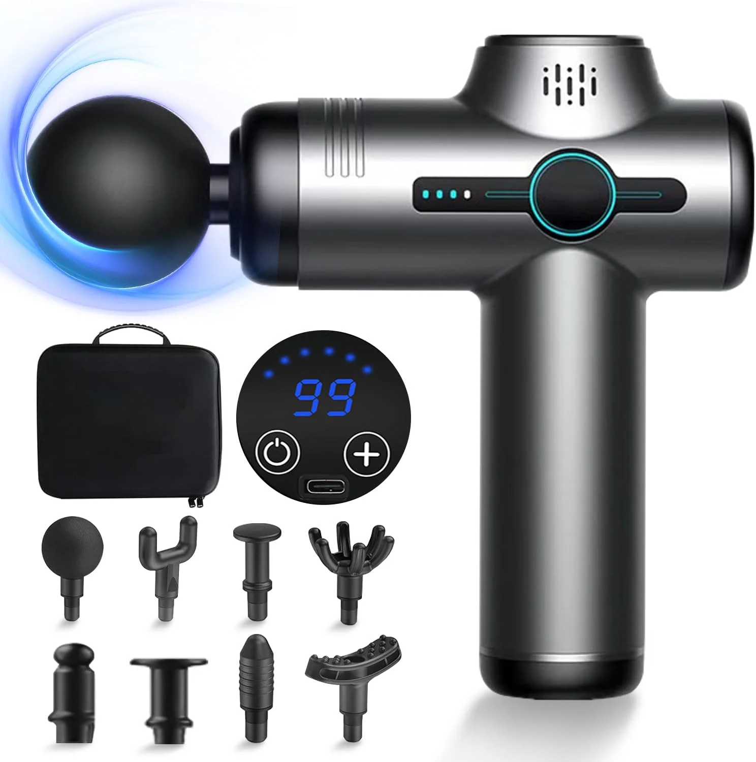 تفنگ ماساژ بافت عمیق، دستگاه ماساژ Necomi با ۹۹ سرعت، تفنگ ماساژور عضلانی برقی دستی با ۸ سر ماساژ، ماساژور گردن و کمر دستی بی صدا برای تسکین درد عضلات (خاکستری)