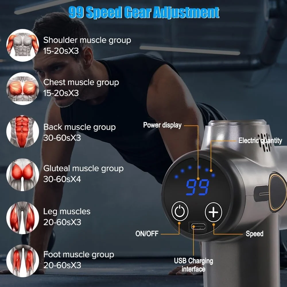 تفنگ ماساژ بافت عمیق، دستگاه ماساژ Necomi با ۹۹ سرعت، تفنگ ماساژور عضلانی برقی دستی با ۸ سر ماساژ، ماساژور گردن و کمر دستی بی صدا برای تسکین درد عضلات (خاکستری)