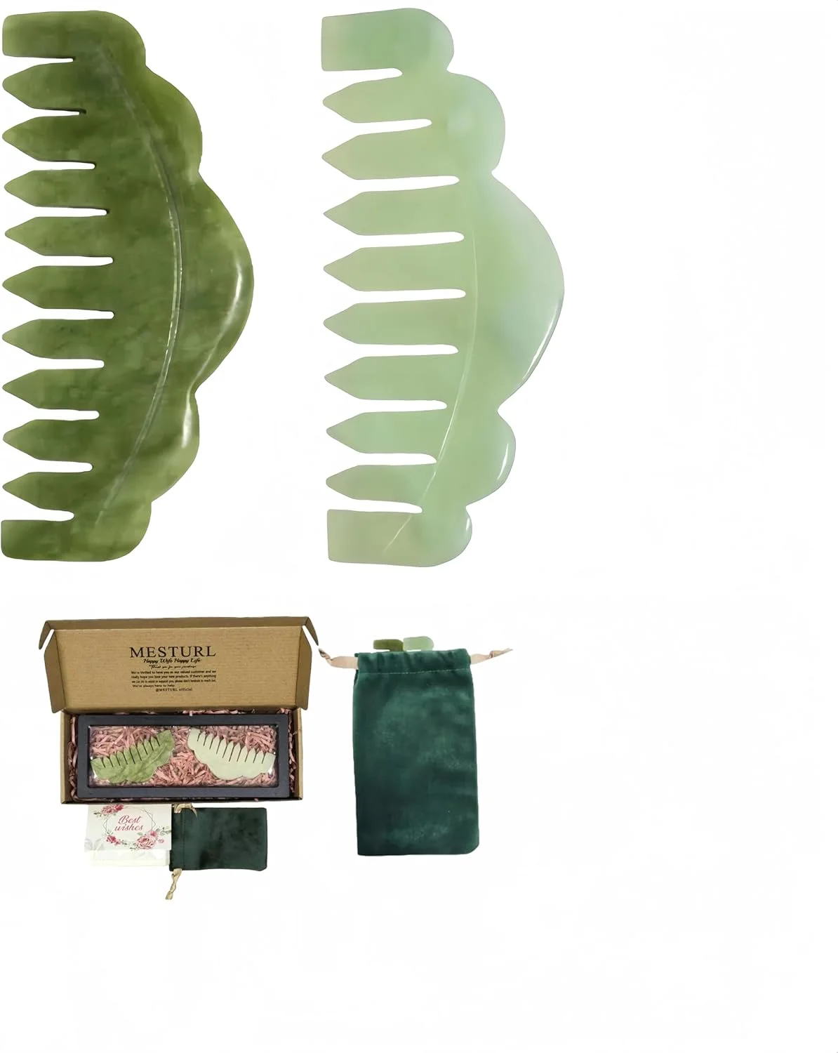 ست شانه ماساژور پوست سر یشم و ابزار گوا شا، 2 تکه، با کیف/جعبه نگهداری (سبک شیک)