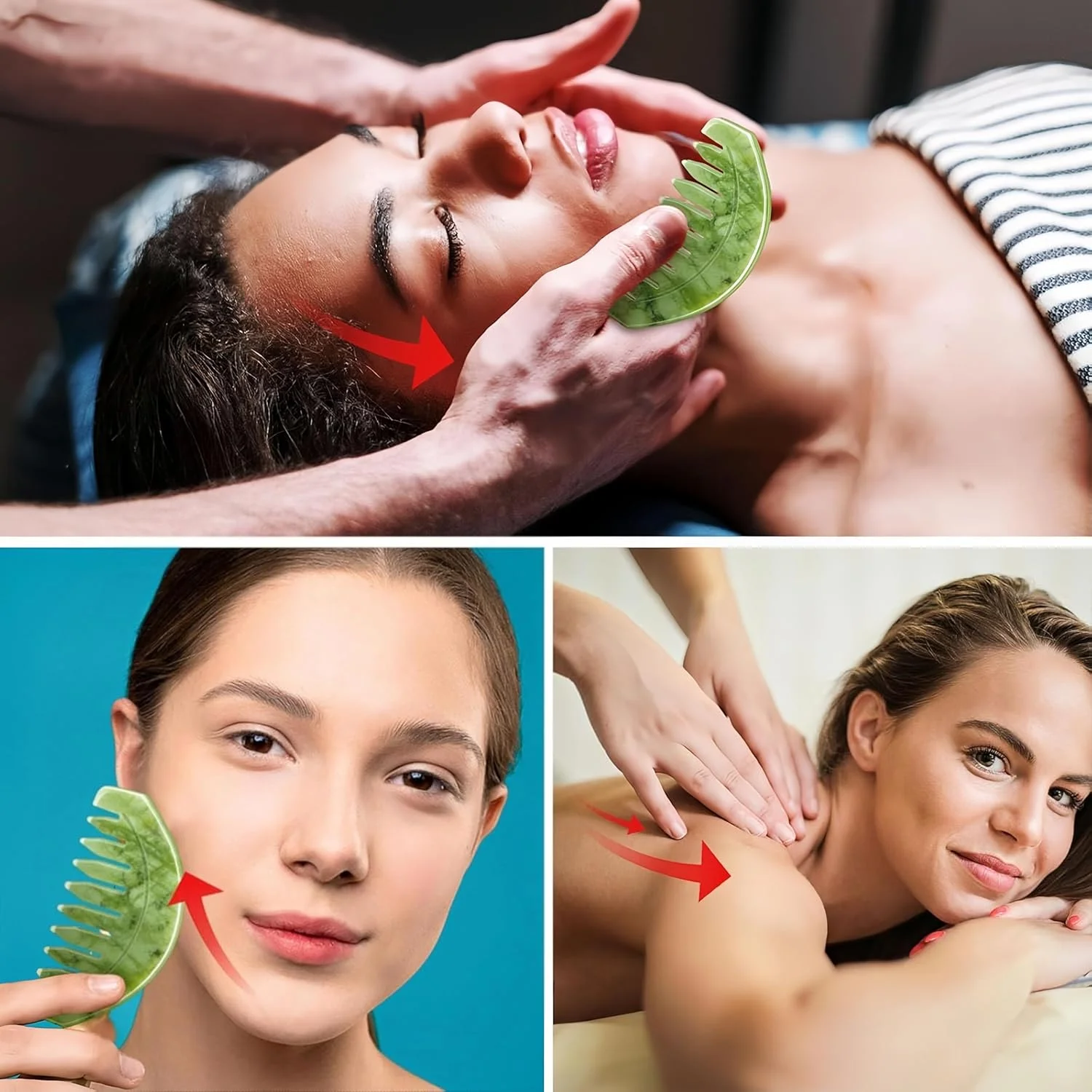 ست شانه ماساژور پوست سر یشم و ابزار گوا شا، 2 تکه، با کیف/جعبه نگهداری (سبک شیک)