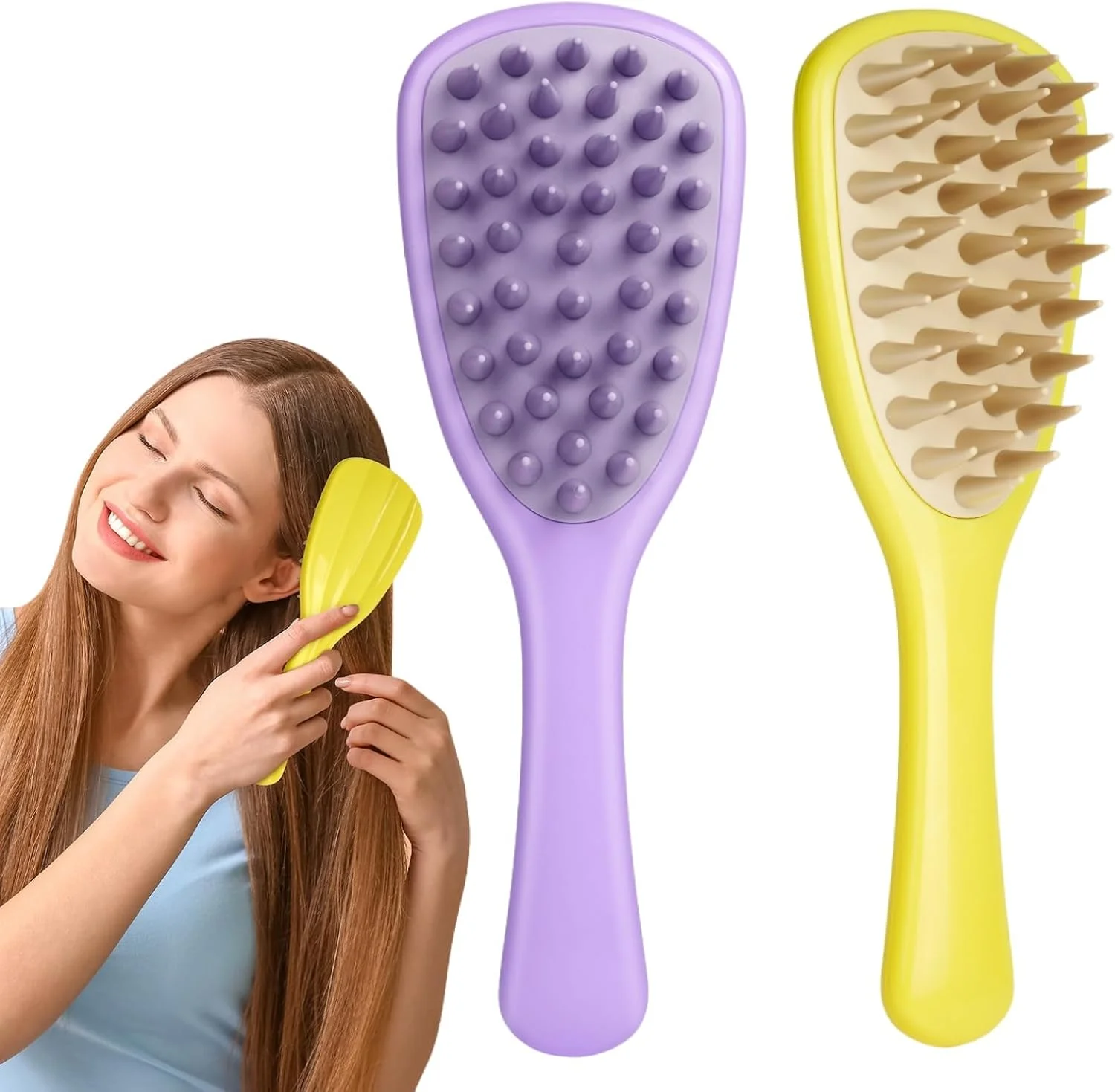 ماساژور پوست سر، برس شامپو با دسته بلند، ماساژور سیلیکونی پوست سر برای رشد مو، برس اسکراب پوست سر برای شستشوی مو و کاهش شوره سر، ماساژور سر موی خشک و مرطوب، زرد بنفش