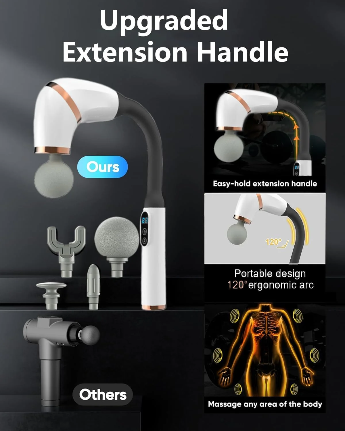 ماساژور تفنگی با دسته بلند ارتقا یافته، ماساژور کمر برای تسکین درد بافت عمیق با صفحه نمایش LCD، ماساژور تفنگی بافت عمیق با 4 سر ماساژ، ماساژور ضربه ای با 3 حالت و 6 سطح سرعت