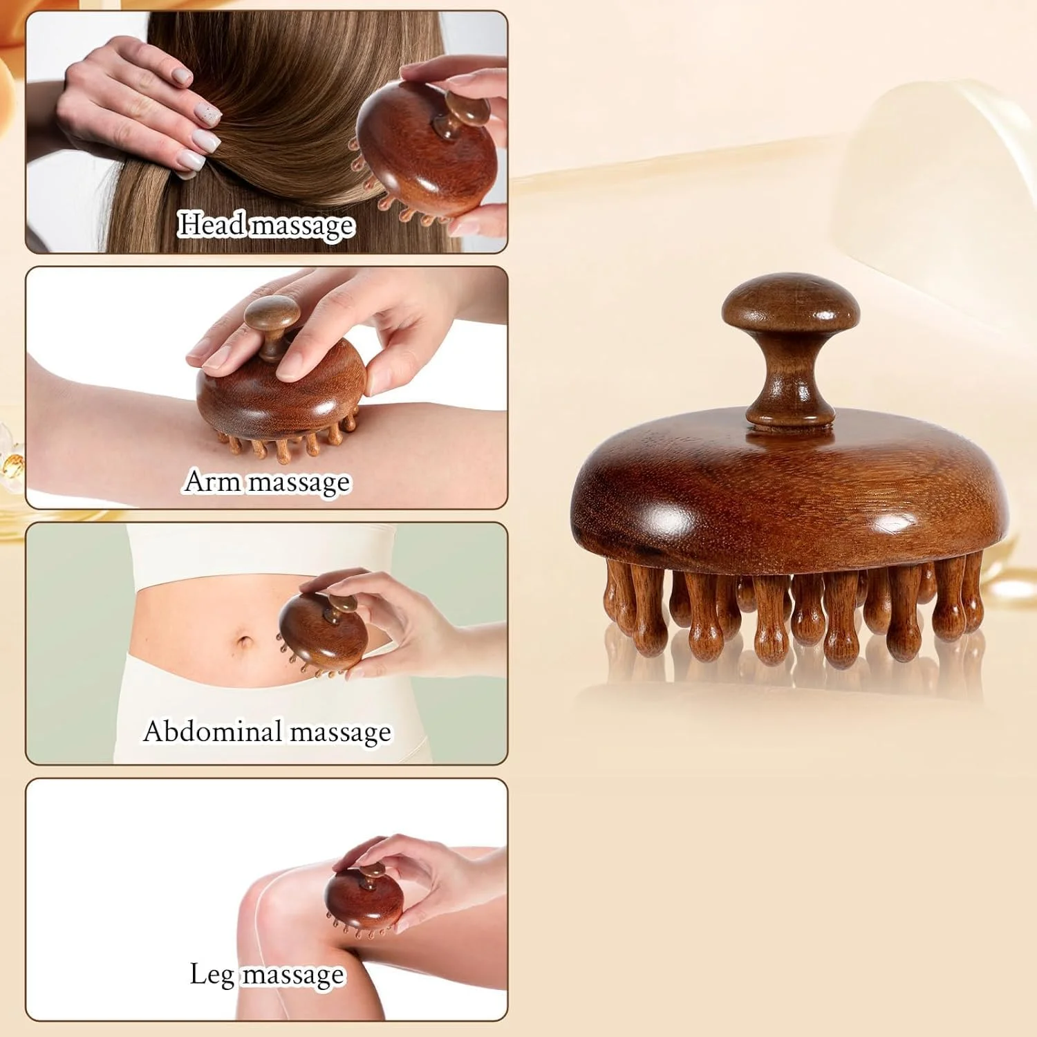 برس ماساژ مو، ماساژور پوست سر چوب صندل با 28 پین، شانه ماساژ چوبی پوست سر، چوبی با دسته، برای آقایان و بانوان، برس مو تمام بدن