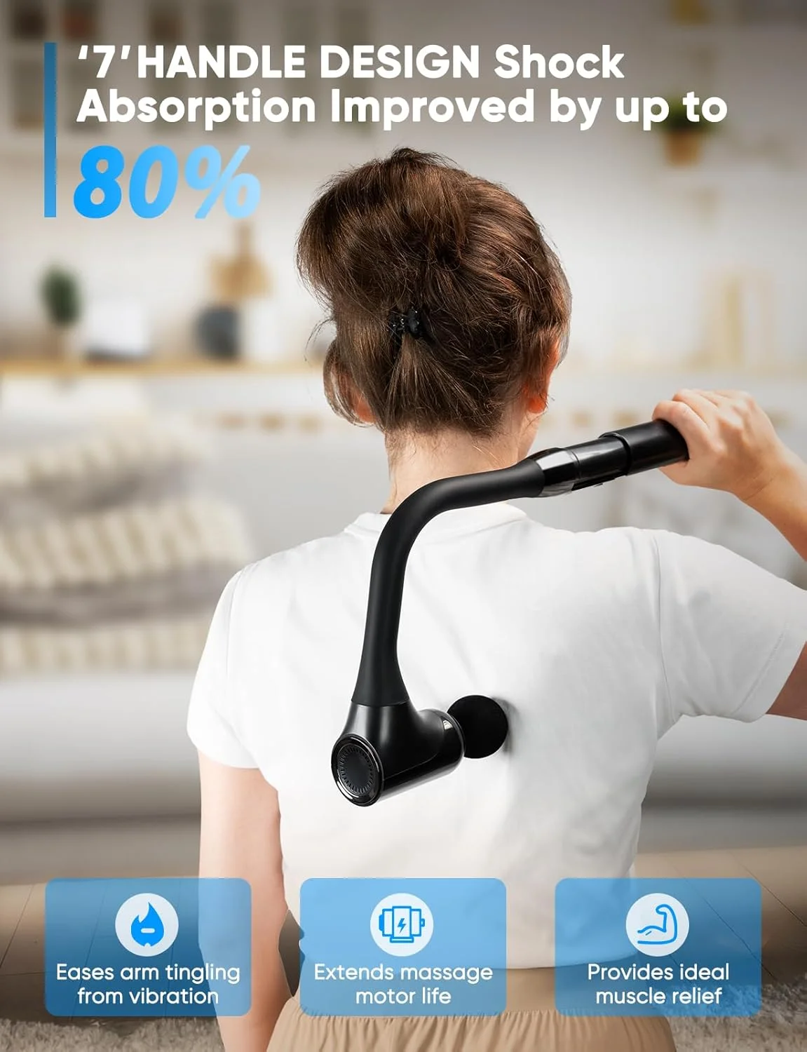 ماساژور بافت عمیق - ماساژور کمر برای تسکین درد بافت عمیق با دسته بلند، ماساژور گردن/پا/ران/شانه با ضربه 12 میلی‌متری و لرزش کم، سرعت قابل تنظیم بی‌نهایت و 4 سر قابل تعویض