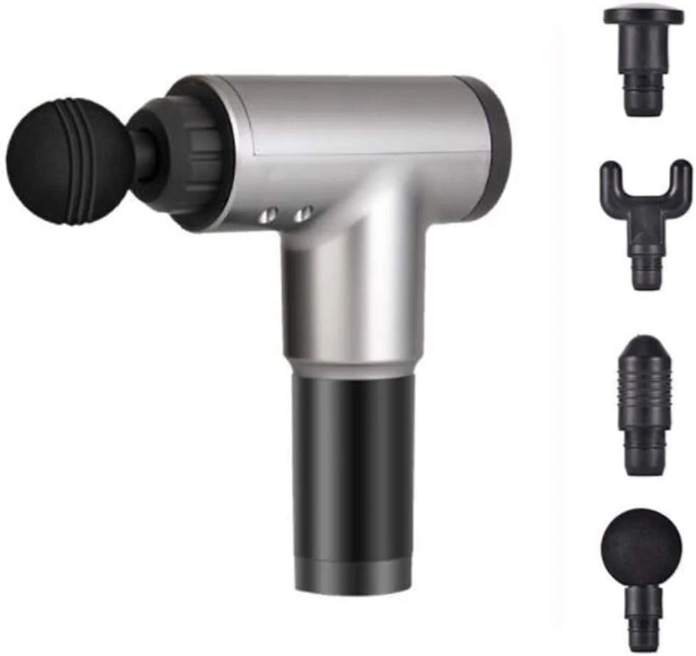 ماساژور عضلانی دستی برقی با 4 سری ماساژ، 4 حالت قابل تنظیم، کم صدا، لوازم جانبی یوگا و تناسب اندام (رنگ: نقره ای)