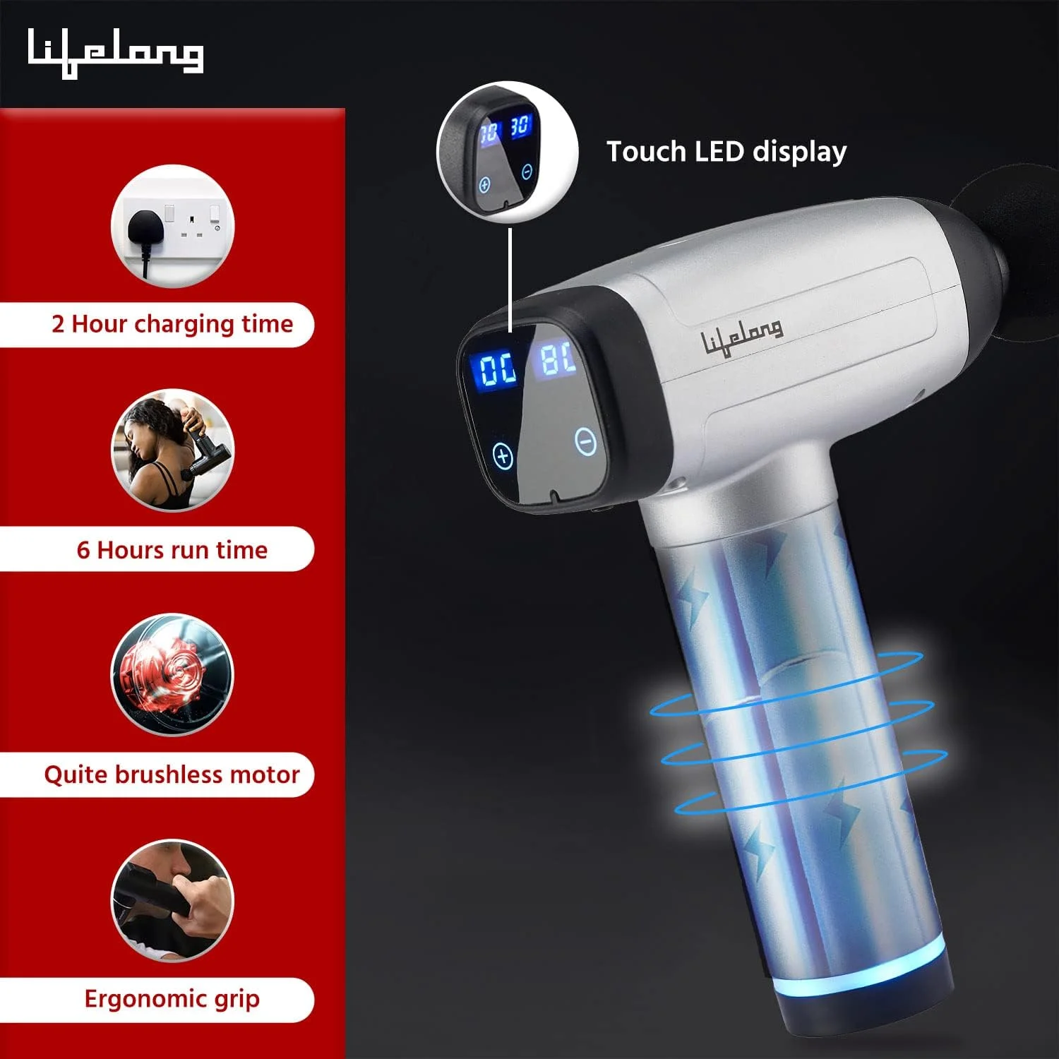 ماساژور تفنگی LLGM18 لایف لانگ، دستگاه ماساژور بافت عمیق بدن برای تسکین درد | دارای 6 سر تخصصی | دستگاه ماساژور 30 سرعته برای کل بدن (خاکستری)