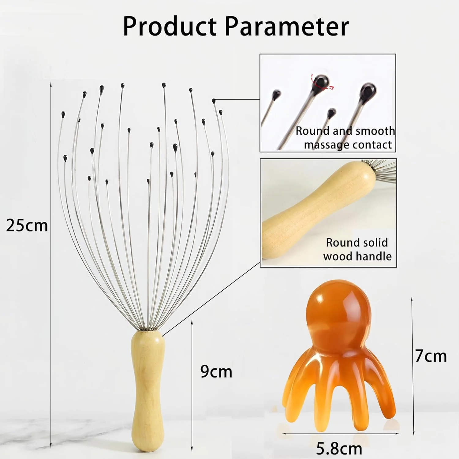 مجموعه ماساژور سر لوکی 2 عددی - ماساژور سر 24 انگشتی با دسته چوبی و ماساژور اختاپوسی سر برای پوست سر، آرامش عمیق، بهبود گردش خون، رفع استرس و آرامش بدن