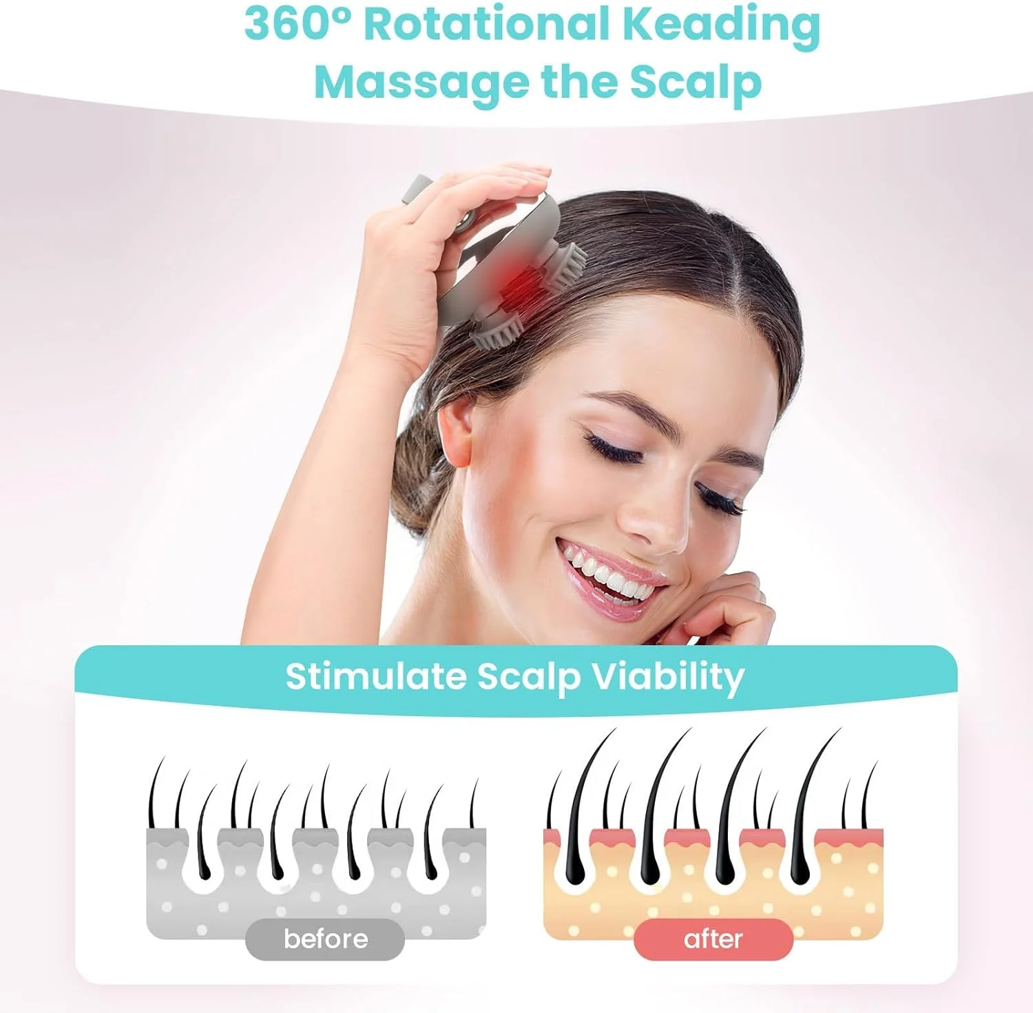 ماساژور برقی سر، ماساژور قابل شارژ و ضد آب IPX7، ماساژور قابل حمل سر با 100 گره ورز دهنده، 3 حالت سرعت، 2 سبک ماساژ برای ماساژ بدن و پاکسازی صورت