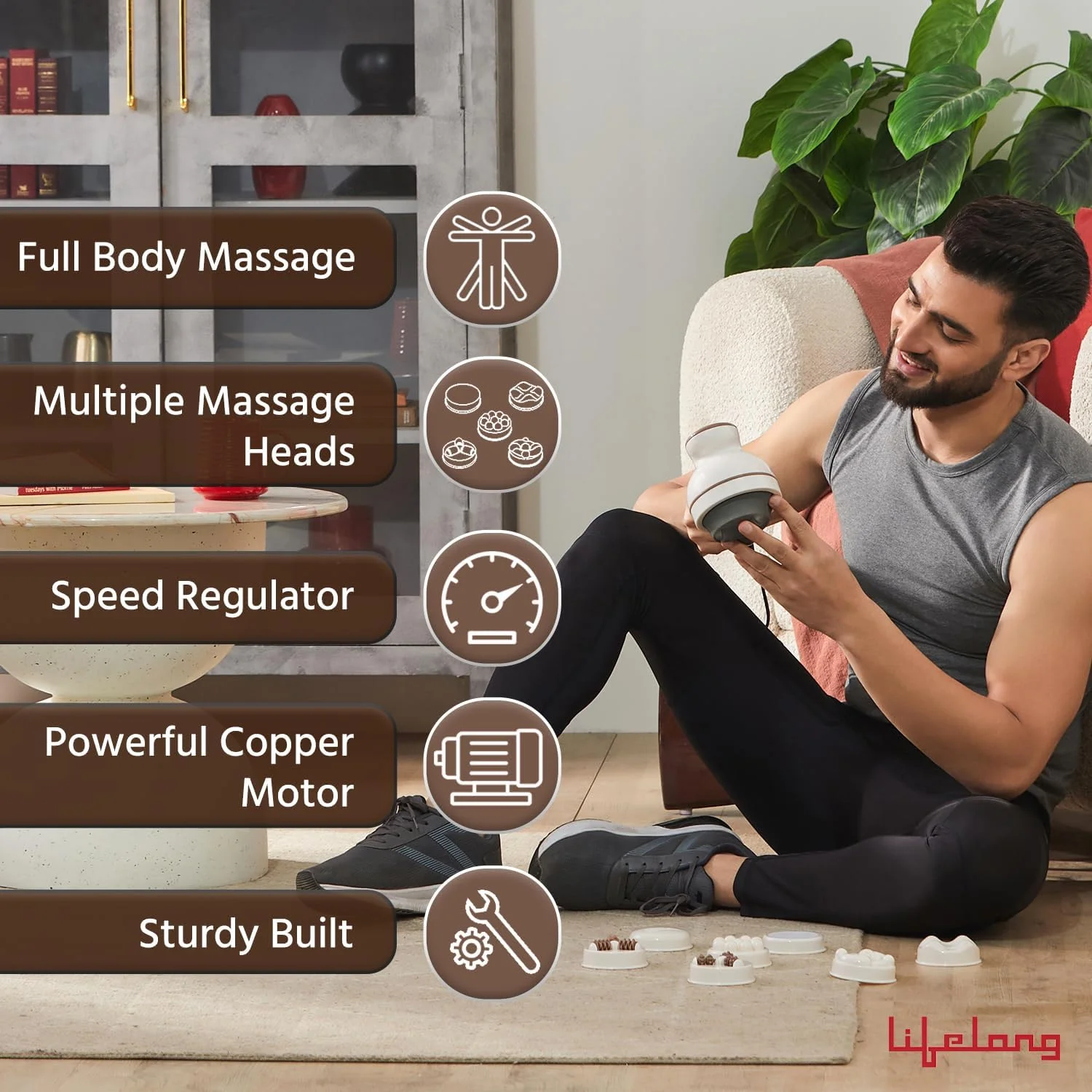 دستگاه ماساژور برقی دستی بدن لایف لانگ مدل LLM180 به همراه بسته ژل خنک کننده - 9 سری ماساژ برای تسکین درد و آرامش با تنظیمات سرعت چندگانه (قهوه ای)