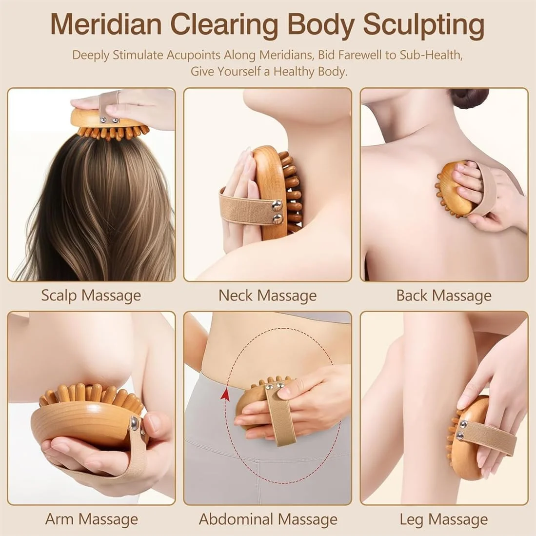 برس ماساژ مریدین، ماساژور دستی چوبی نقاط طب سوزنی، ابزار ماساژ کیسه هوا برای تحریک مو، لایه برداری پوست، کاهش سلولیت و تسکین عضلات منقبض