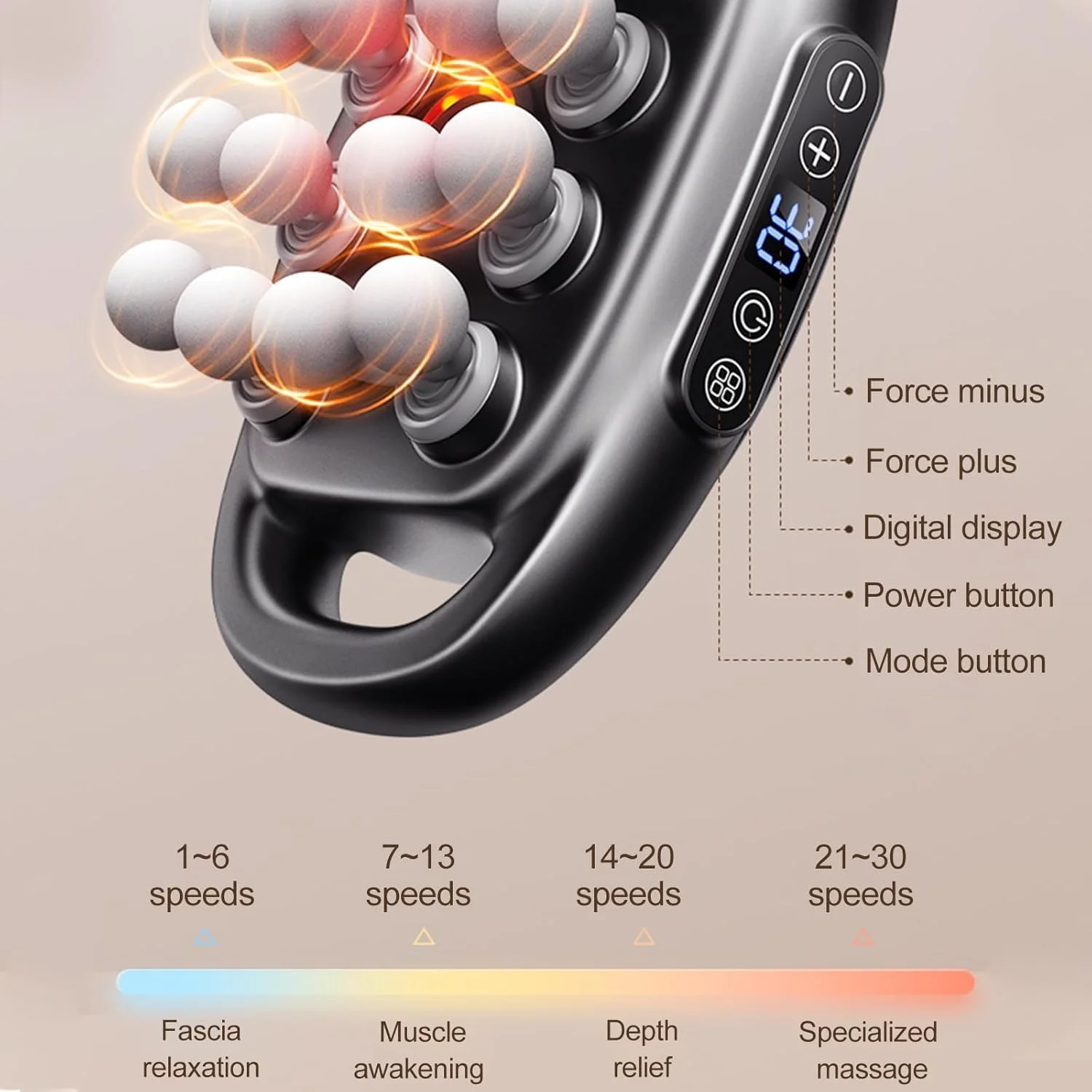 ماساژور عضلانی 16 سر با 8 سری ماساژ، ماساژور ضربه ای بافت عمیق با 3 حالت و 30 سطح برای تسکین درد عضلات کمر، شانه ها، پاها و بدن (16 سر)