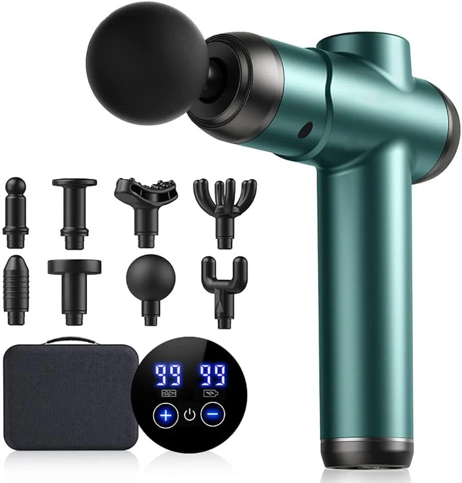 مجموعه تفنگ ماساژ، تفنگ ماساژ عضلانی دستی، تفنگ ماساژ قابل حمل، ماساژور ضربه ای برای ورزشکاران، 8 نوع سر ماساژ برای قسمت های مختلف بدن استفاده می شود، همراه با جعبه نگهداری (سبز)