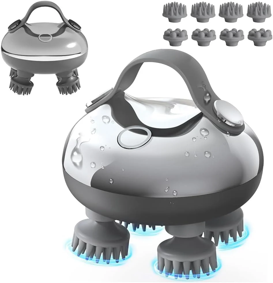 ماساژور برقی سر، ماساژور سر قابل شارژ برای رشد مو، رفع استرس سر، خراشنده دستی ضد آب با 8 چنگال ماساژ قابل جابجایی، ماساژور گربه