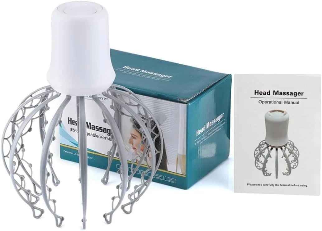 ماساژور برقی سر - ماساژور 360 درجه بدون نیاز به دست، 4 حالت ماساژ، لرزش بی سیم و قابل شارژ USB، طراحی اختاپوسی برای رفع استرس و آرامش - قابل حمل برای خانه، دفتر، مسافرت