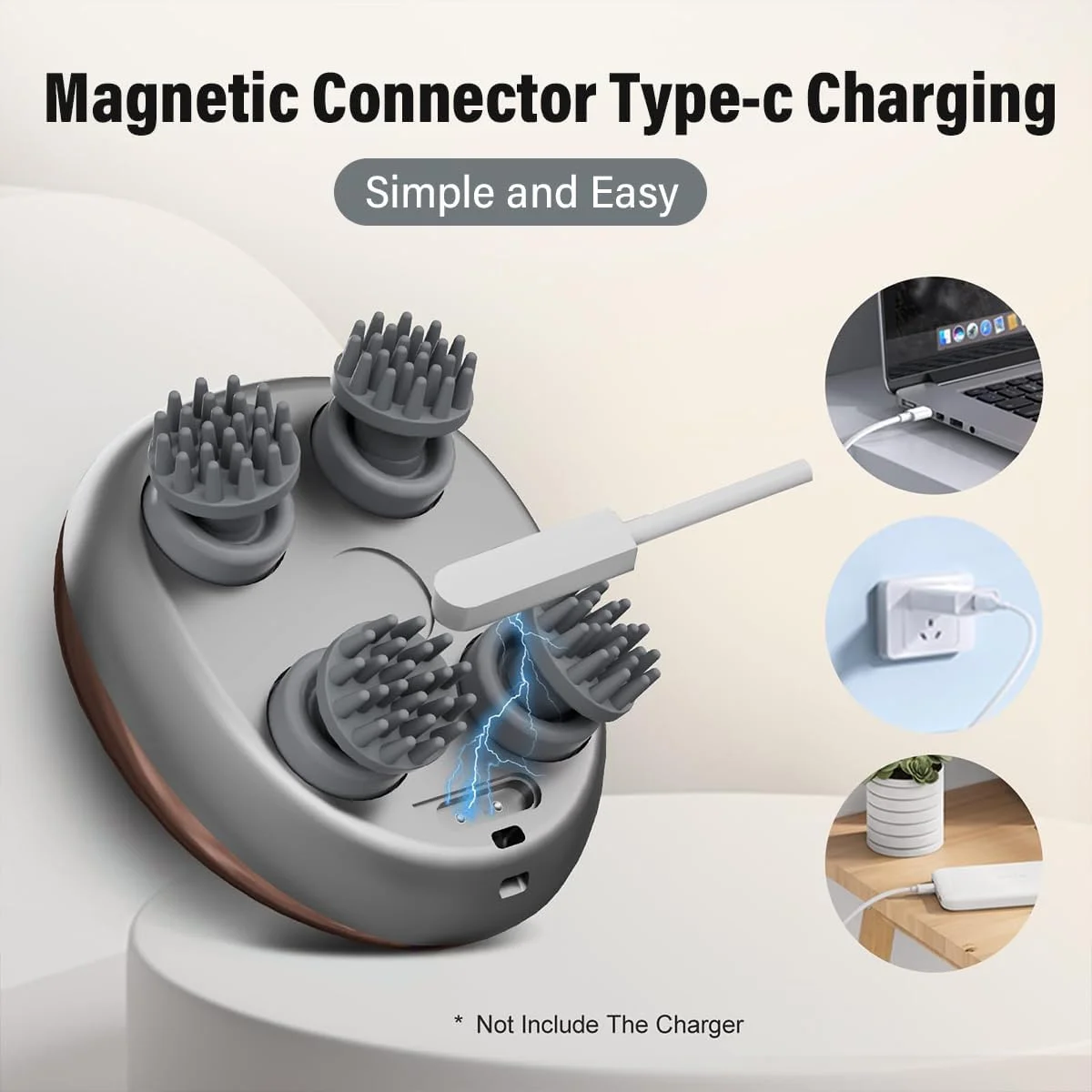 ماساژور برقی سر - ماساژور سر برای رفع استرس و تسکین درد، سبک و قابل حمل، قابل شارژ با 96 گره ماساژ، 4 چنگک برای ماساژ سر و بدن و پاکسازی صورت