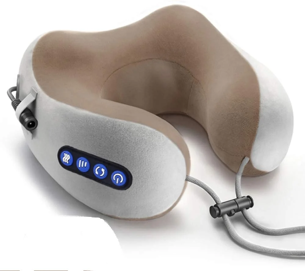 بالش ماساژ گردن برقی مسافرتی DHY، بالش پشتیبانی از سر و گردن ویبره دار و خمیری شکل فوم حافظه دار U شکل، تسکین درد گردن، برای هواپیما، قطار، ماشین، قهوه ای