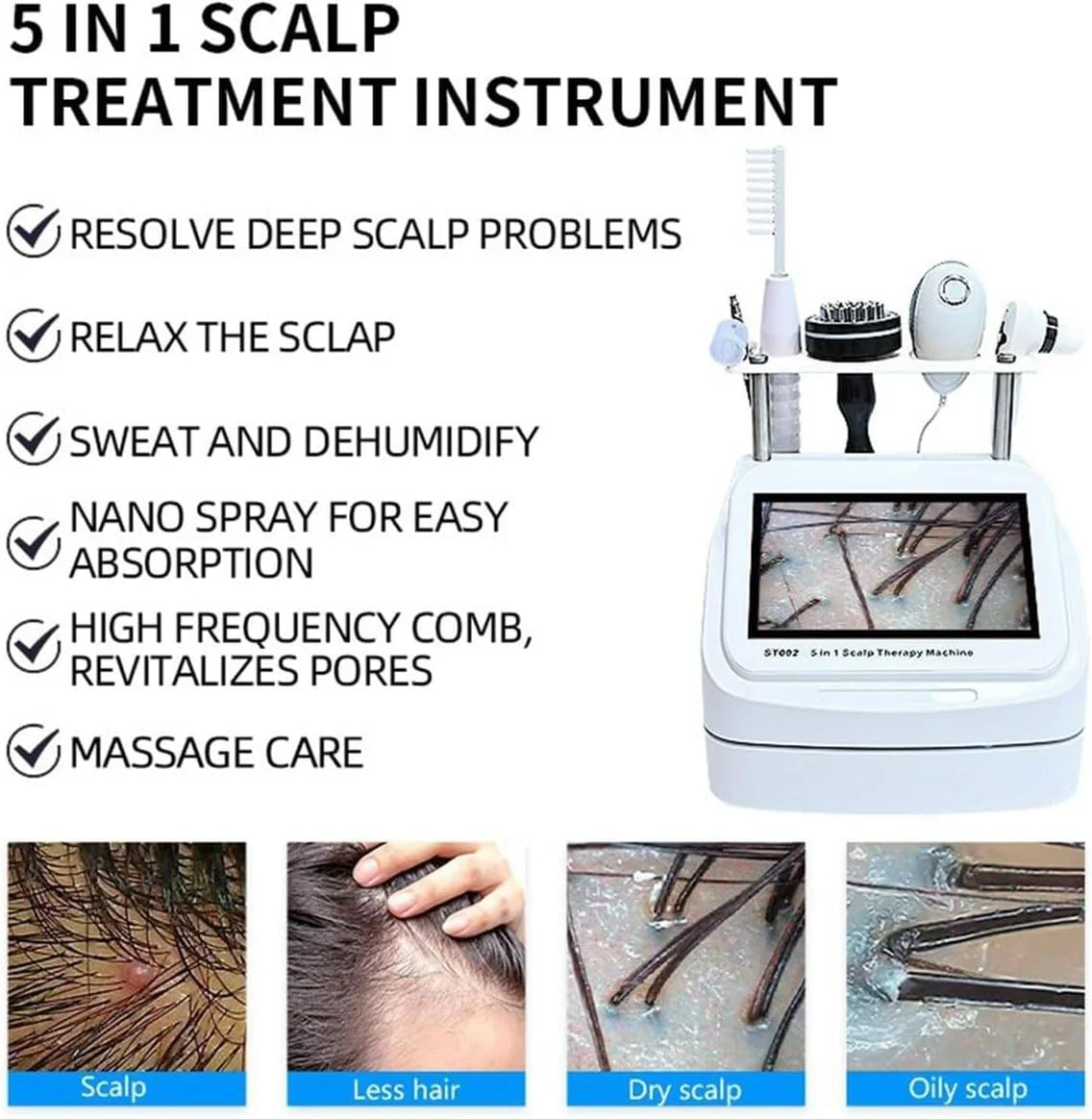 دستگاه آنالیزور مو و پوست 5 در 1، ماساژور سر و پوست سر 10 اینچی برای جلوگیری از ریزش مو، اسکنر آنالیز پوست سر، آشکارساز فولیکول مو، تشخیص فولیکول پوست/مو