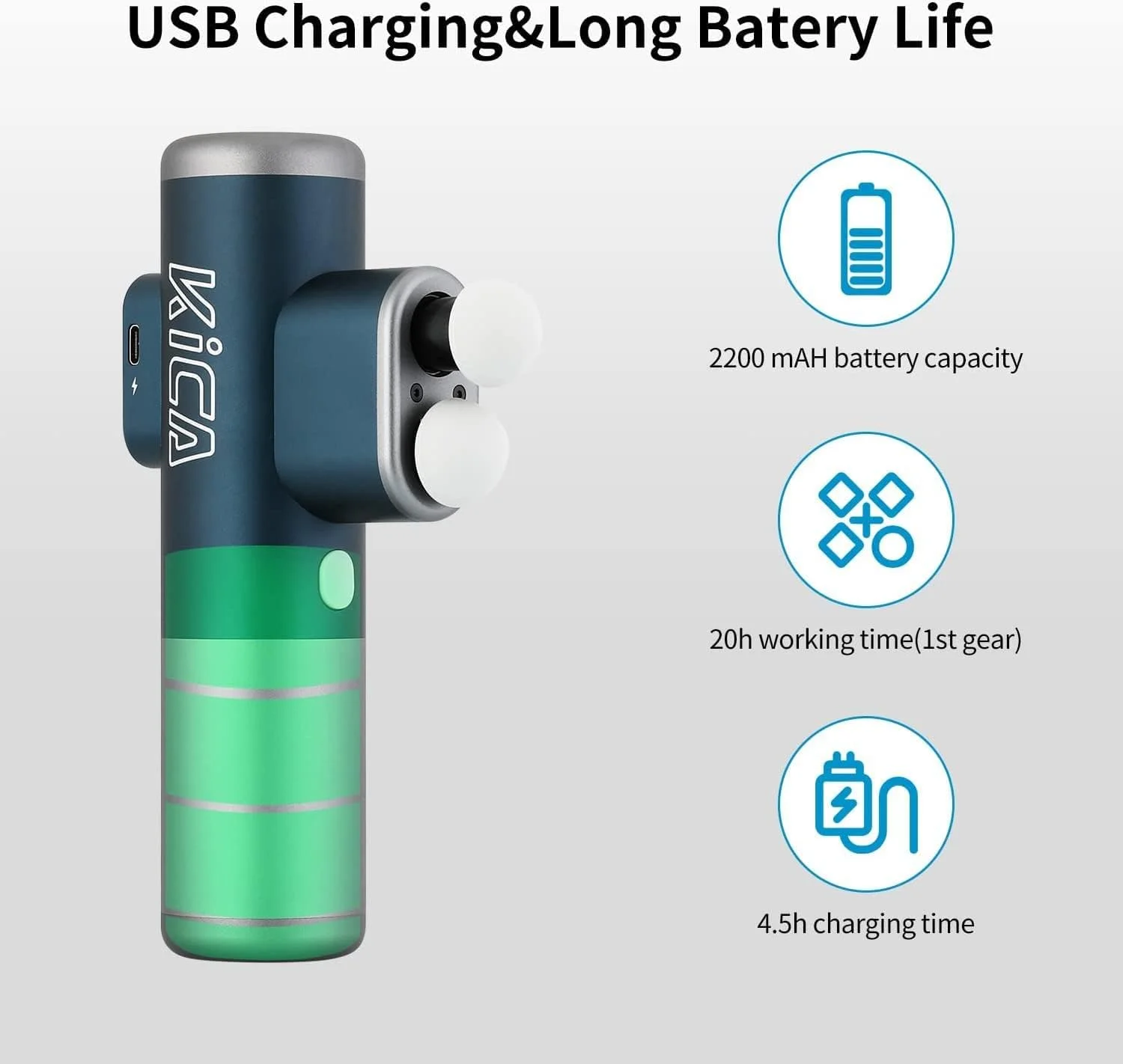 ماساژور تفنگی دو سر برقی کیکا 3، ماساژور بافت عمیق دستی با دامنه 10 میلی متر، ماساژور ضربه ای حرفه ای برای ریکاوری گردن، کمر و عضلات (آبی)